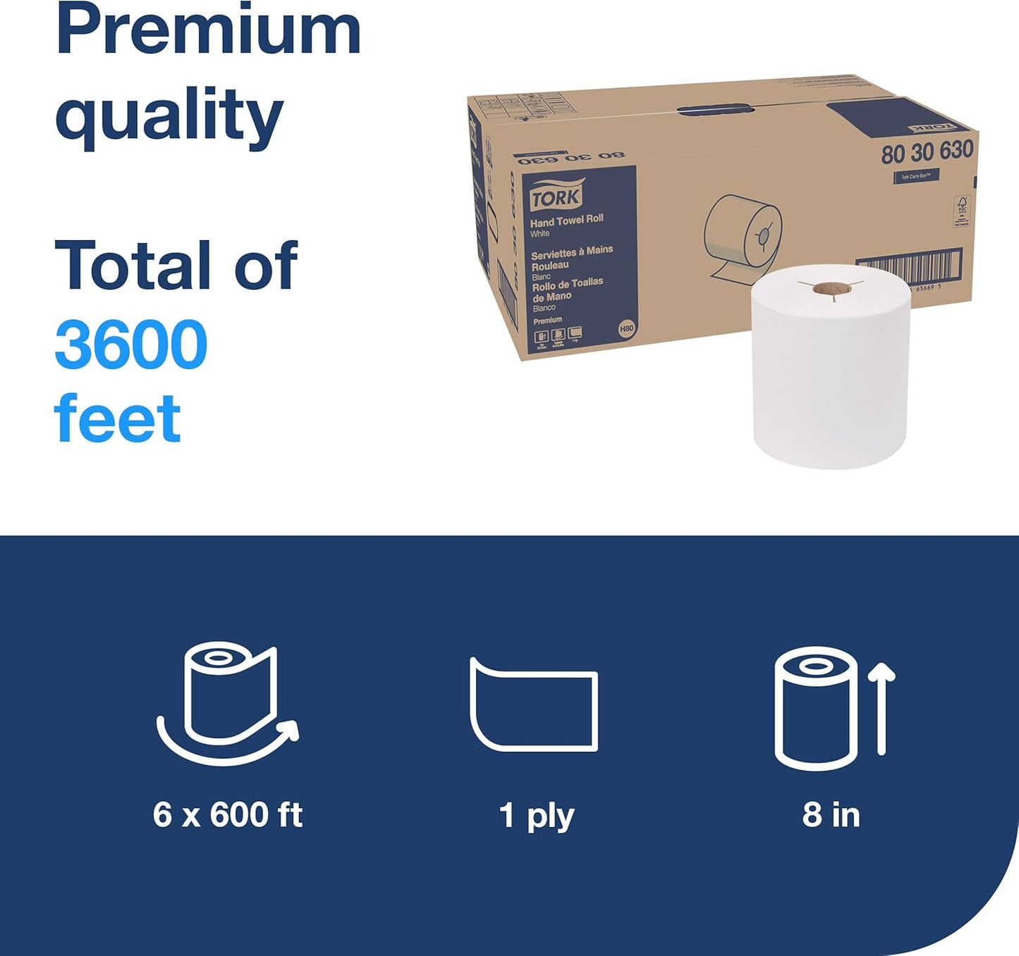 Tork Roll Hand Towel White H80, Premium, 6 rolls, 8030630