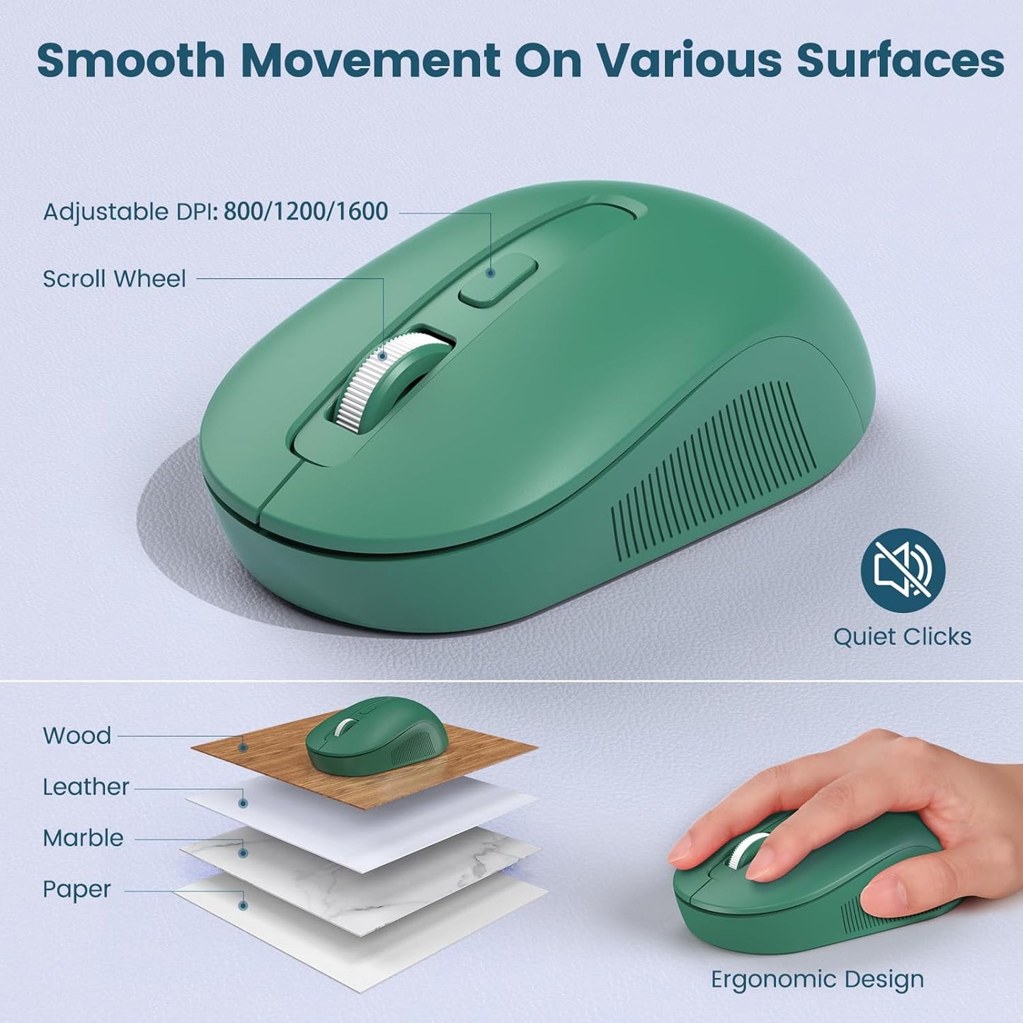 Wireless Keyboard and Mouse Combo-Round Keycaps, Full-Size Retro Typewriter Keyboard with Detachable Wrist Rest, Sleep Mode & Tilt Legs, 2.4GHz Cordless Connection for Mac/Windows/PC (Black & Green)