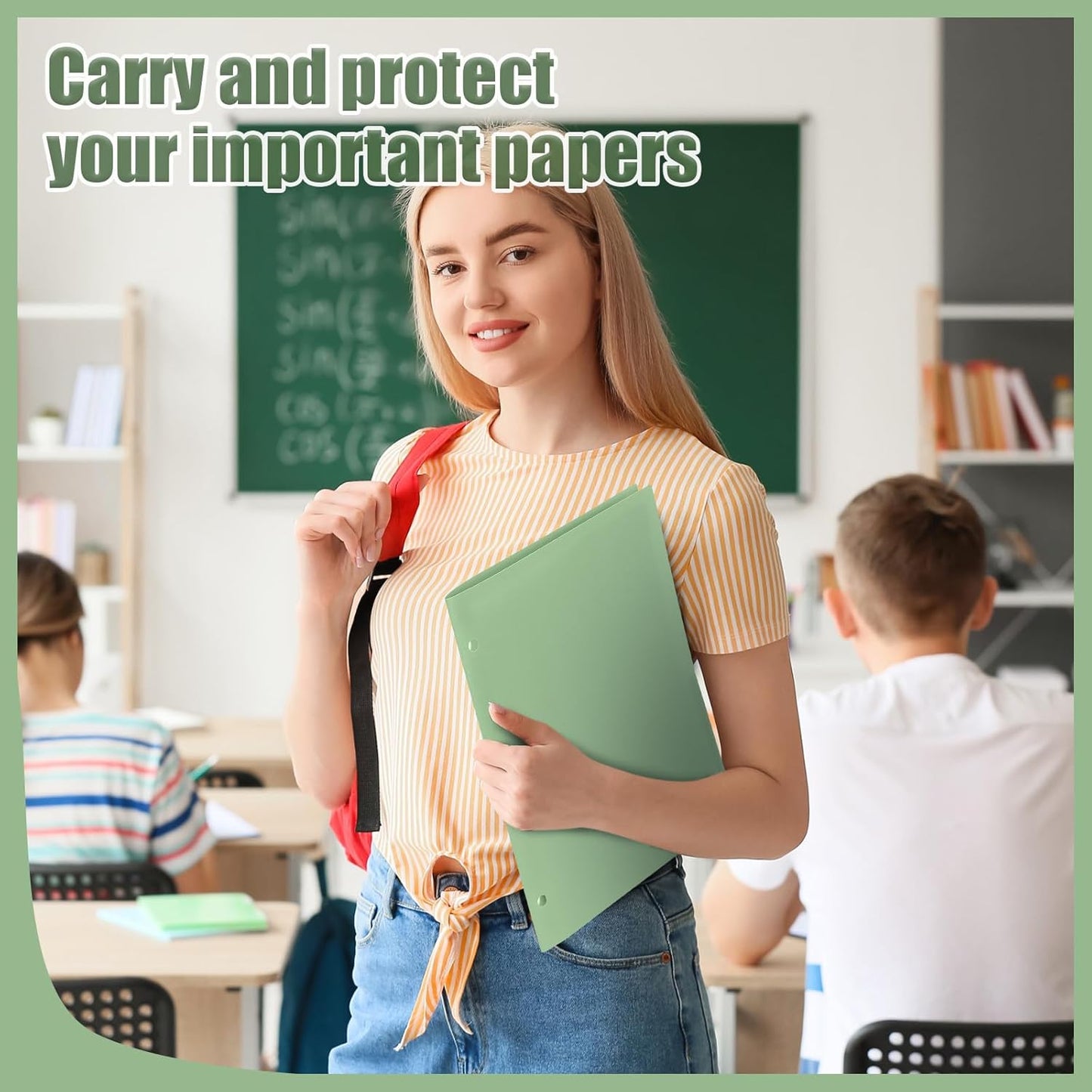 Yeaqee 100 Pcs Plastic Folders with Pockets Bulk 3 Hole Punched 2 Pocket File Folders for 3 Ring Binder Divider Folder for Notebooks, Durable Poly for Office Home (Sage Green)