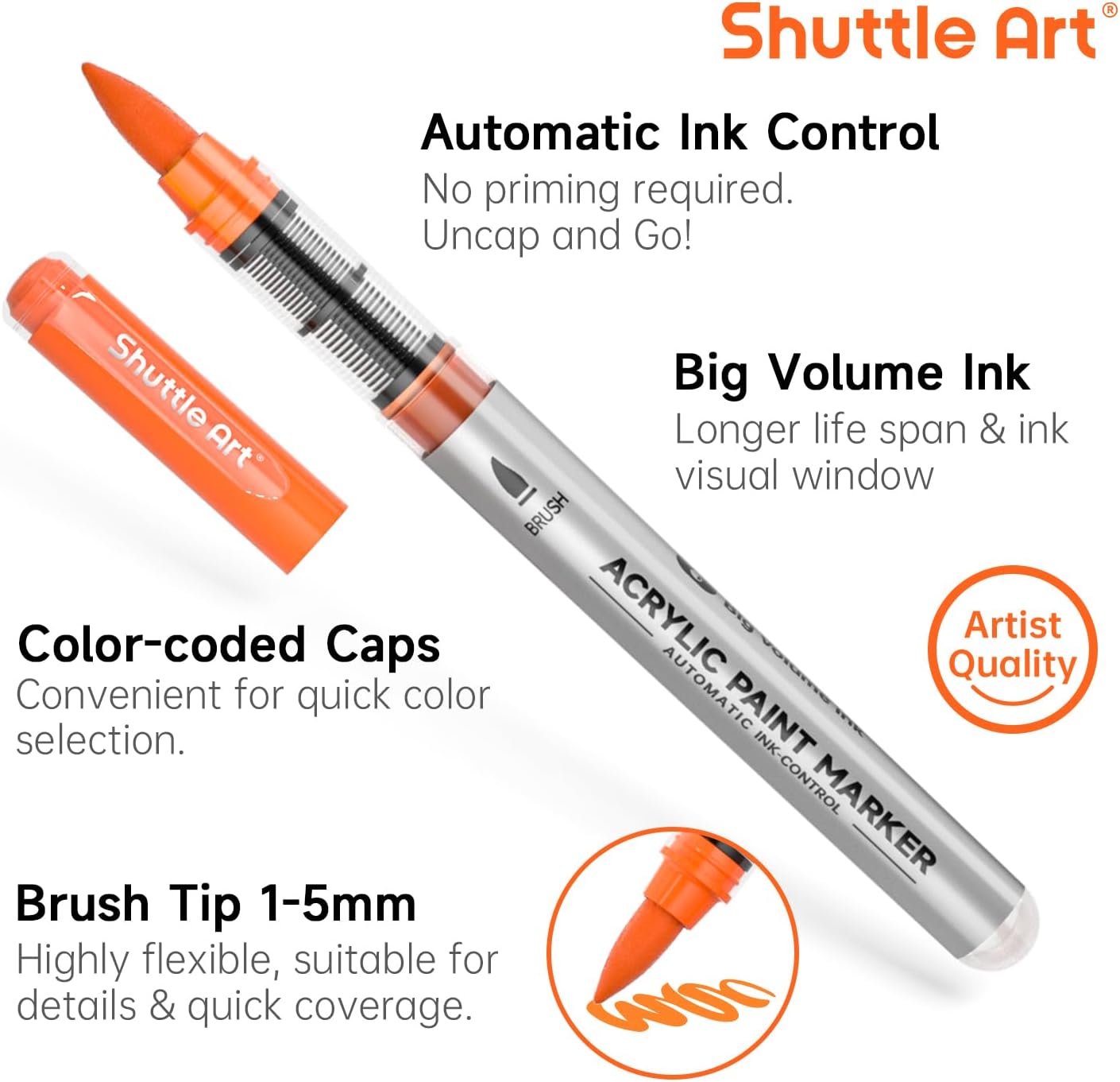 Shuttle Art Automatic Ink Control Acrylic Paint Markers, 48 Colors Brush Tip Acrylic Paint Pens for Rock Painting, Ceramic, Wood, Canvas, Glass, Stone, Fabric, Card Making, DIY & Art Supplies