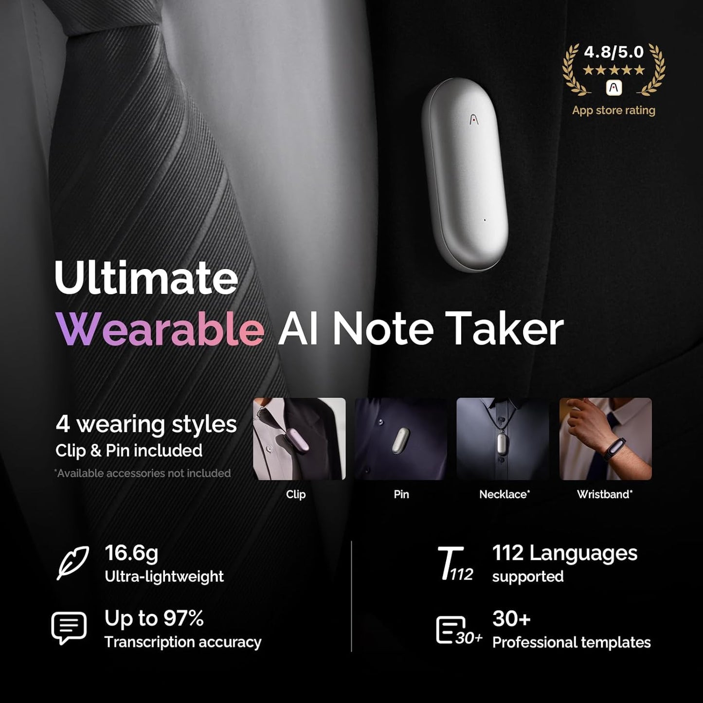 NotePin Voice Recorder, AI Voice Recorder, App Control, AI Notetaker, AI Transcribe & Summarize, Support 112 Languages, 64GB Memory, Audio Recorder for Lectures, Meetings, Lunar Silver