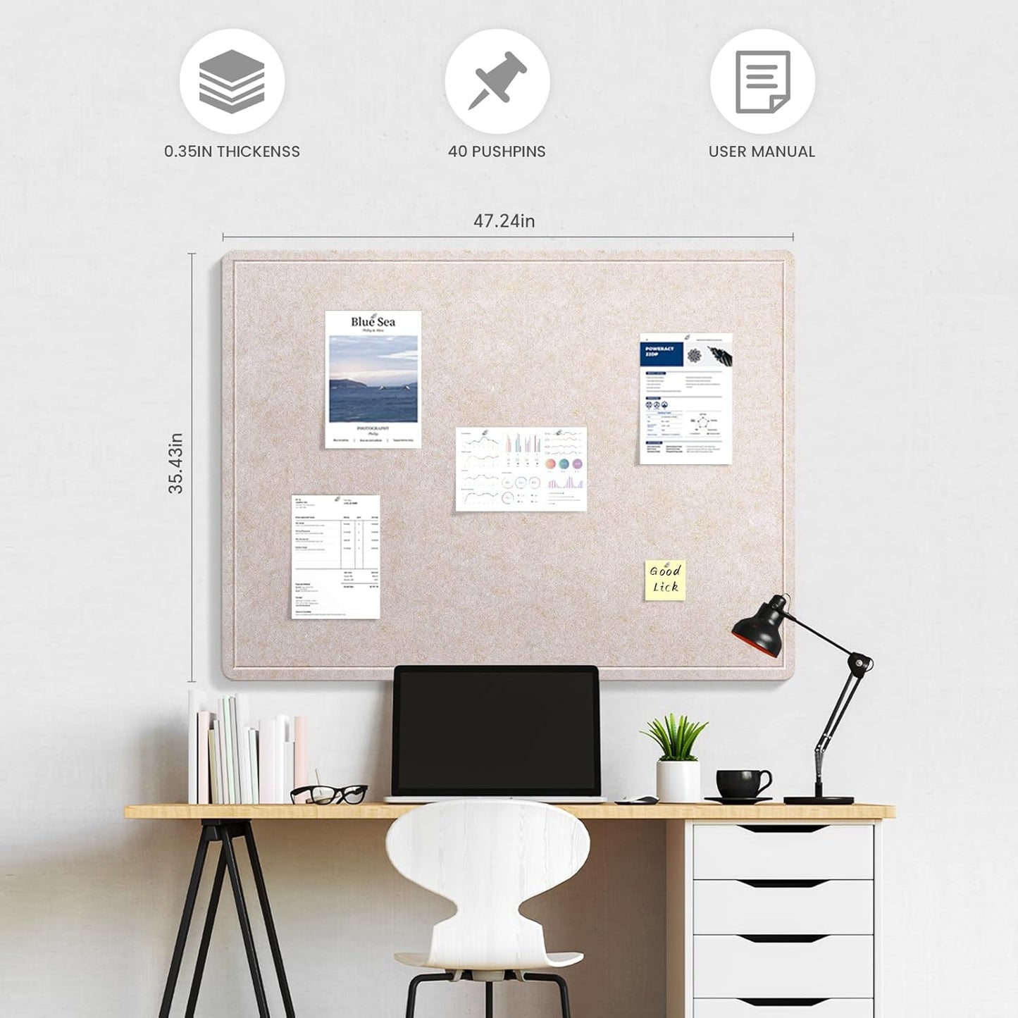 Large Bulletin Board, 48 X 36 Inches Felt Cork Board with 40 Pushpins, Foldable Felt Notice Pin Board Photo Display Board with Self-Adhesive Tape for Office Home School