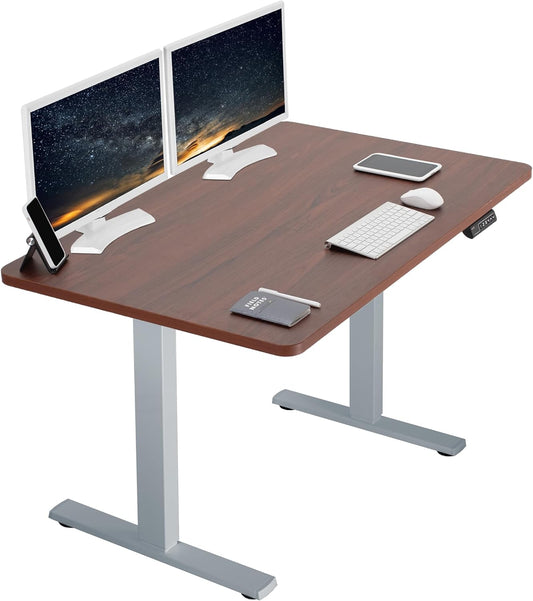 VIVO Electric 48 x 30 in Standing Desk, Memory Height Adjustment, 1B Series, One-Piece Dark Walnut Top, Gray Frame, DESK-KIT-1G5D