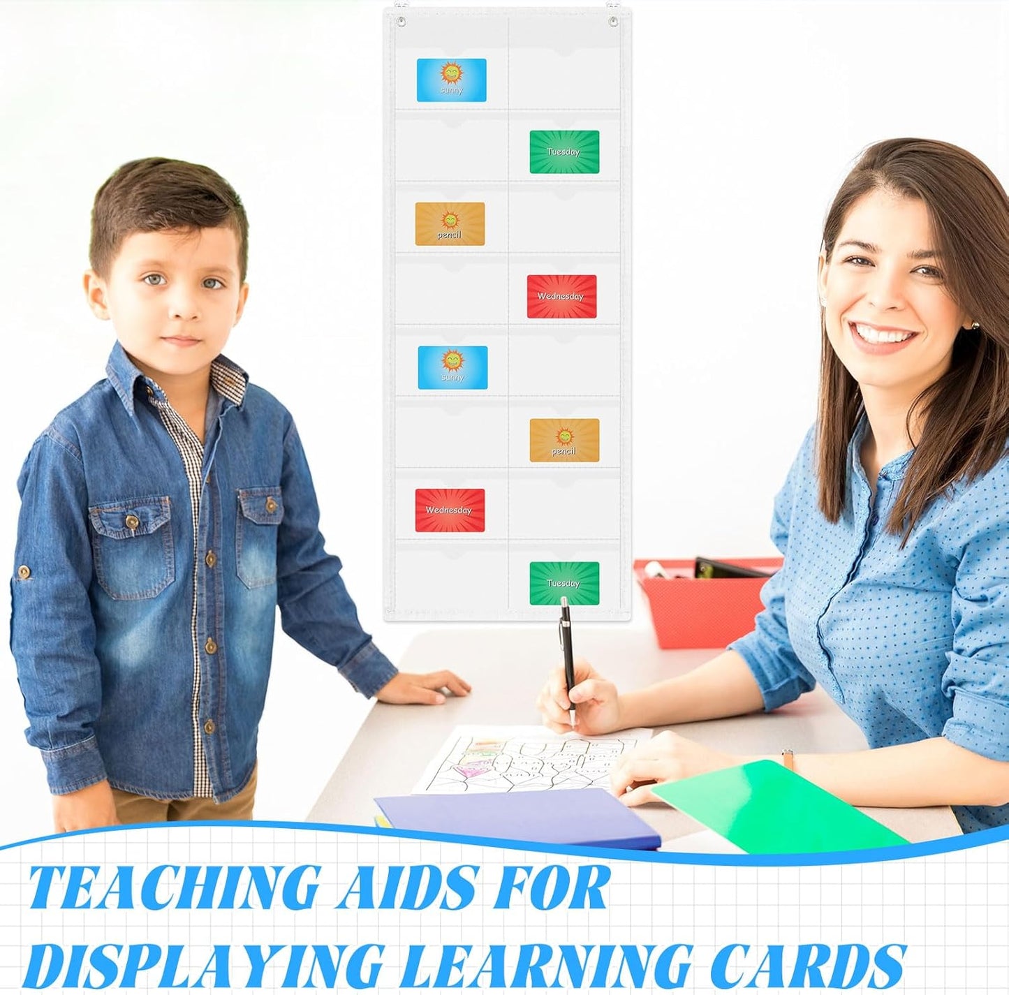 2 Pack 3'' x 5'' Index Card Holder Sleeve 16 Slot Plastic Organizer Hanging Wall Mount Business Note Cardholder PVC Clear Organizer Pocket for Classroom Office Library Home (White)