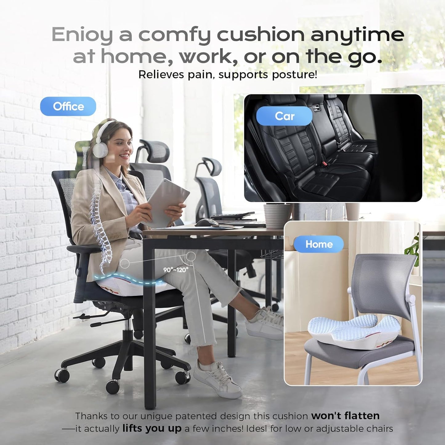 Seat Cushion for Tailbone Pain Relief X-Large ,Ergonomic Office Chair Cushions for Butt Hip Lower Back & Sciatica Pain Relief Pillow,Pressure Relief Seat Cushion for Long Sitting, Car & Plane（Blue)