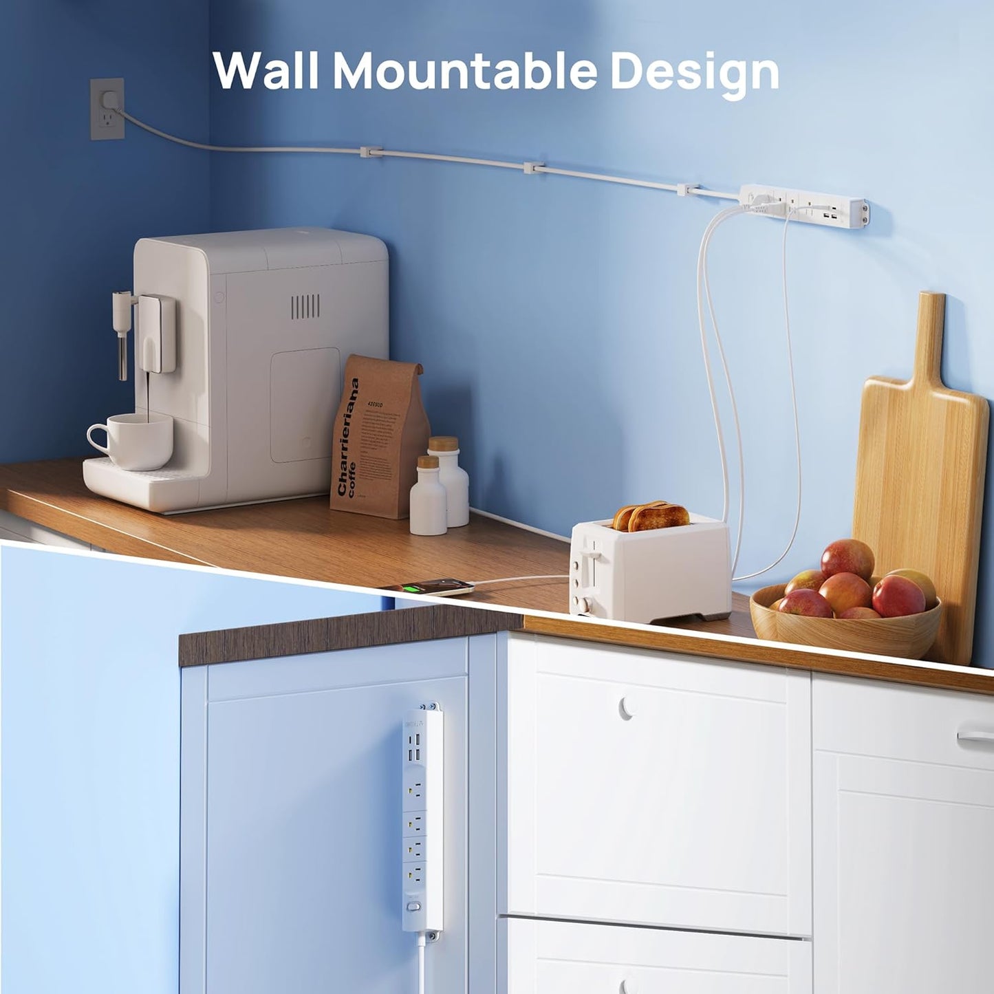 TROND Surge Protector Power Strip with USB, Ultra Thin Flat Plug 10ft Long Extension Cord 1625W, 3 USB A & 1 Type C, 4 AC Outlets 1440J Surge Protection Wall Mount for Home Office Dorm Room, White