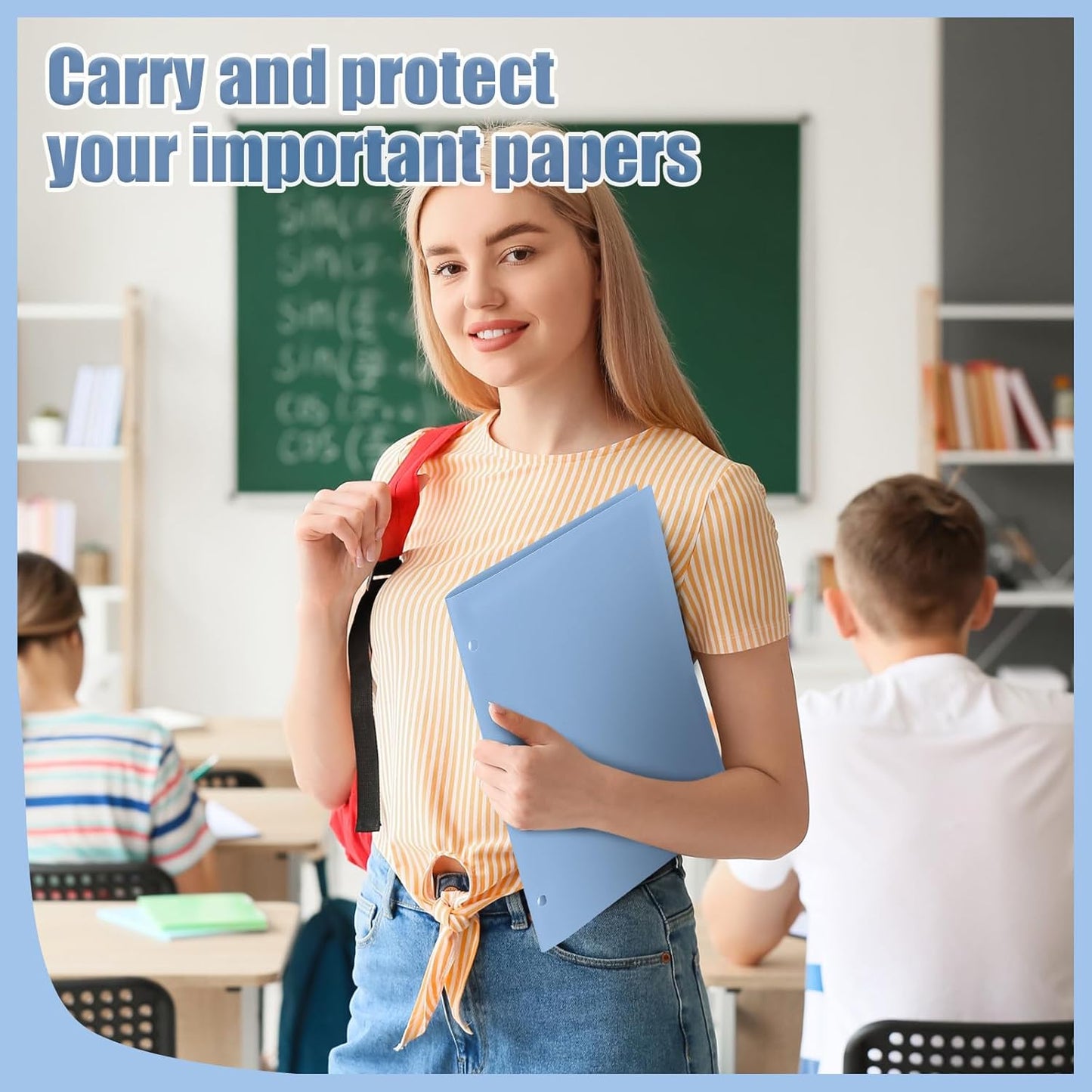 Yeaqee 100 Pcs Plastic Folders with Pockets Bulk 3 Hole Punched 2 Pocket File Folders for 3 Ring Binder Divider Folder for Notebooks, Durable Poly for Office Home (Haze Blue)