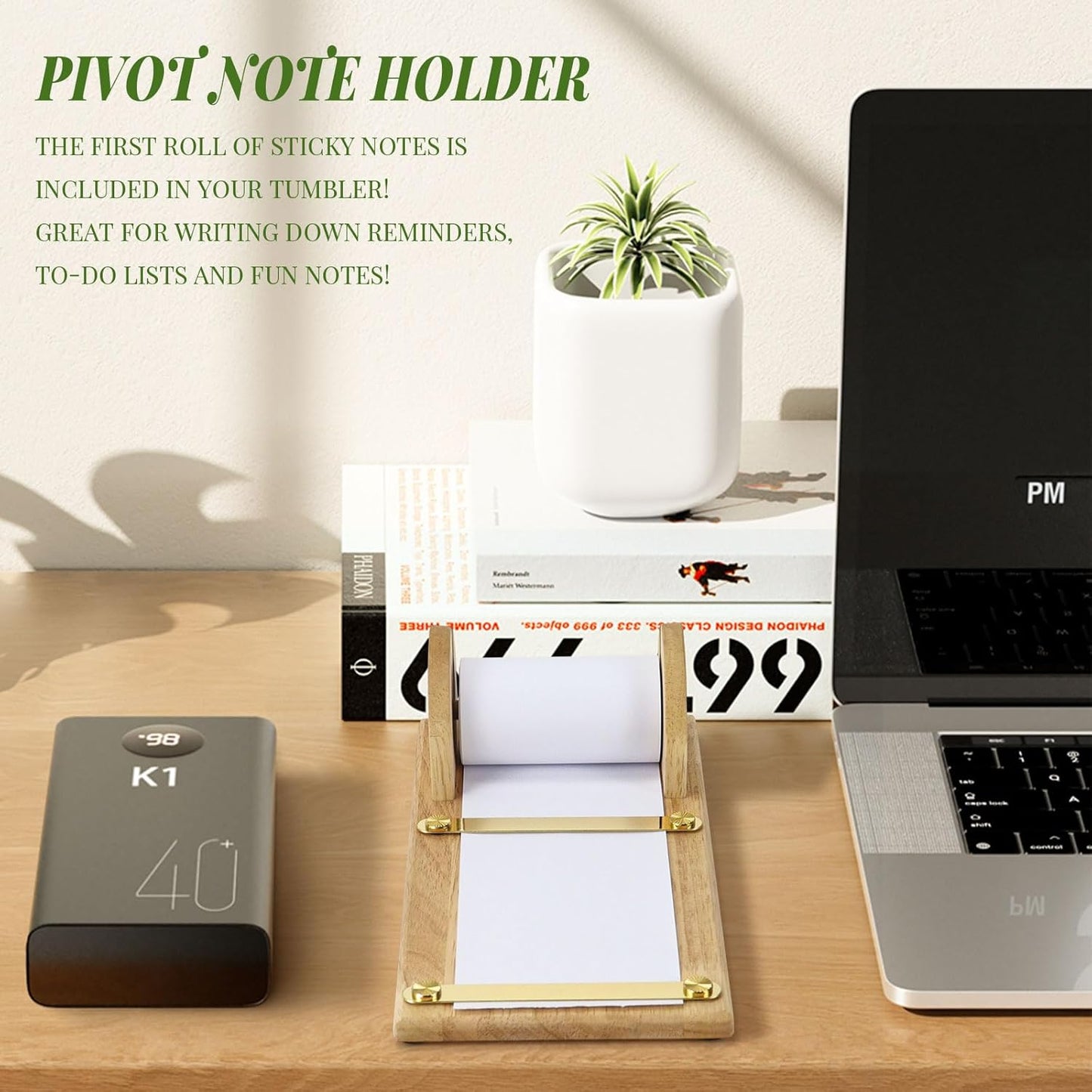 Buqoo Desktop Wooden Roll Dispenser, Bamboo Spool Sticky Note Clipboard Restaurant Writing Clip,Coffee Dessert Menu Holder, Tearable Shaft Wooden Paper Roll Dispenser with with 36ft Note Paper