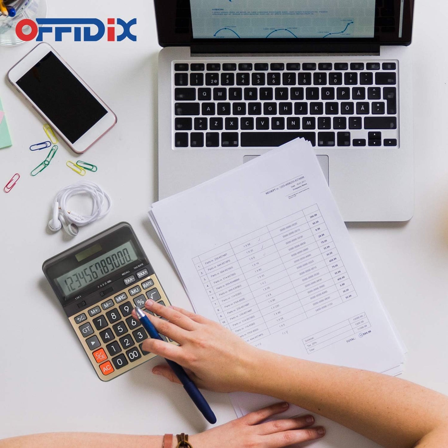 OFFIDIX Desktop Calculator with Large 12 Digit LCD Display, Solar Battery Dual Power, Perfect for Office, Home, School