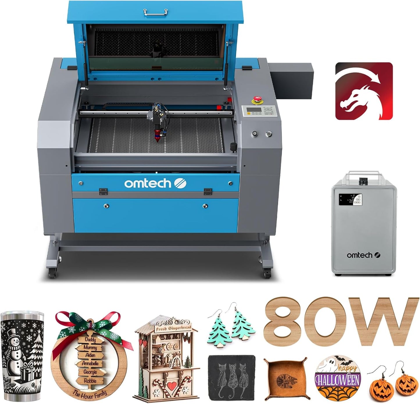 OMTech 90W CO2 Laser Engraver with LightBurn and Water Chiller, 20"x28" Laser Engraving Cutting Machine with Autofocus Autolift 4 Way Pass Air Assist, Commercial Laser Cutter