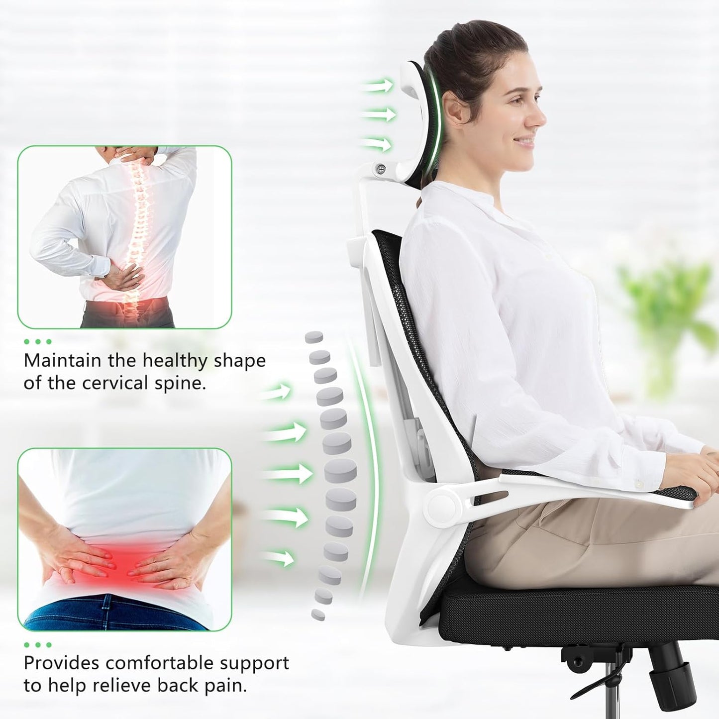 Office Desk Chair, High Back Ergonomic Comfy Offiec Chairs, Computer Mesh Chair with Folding Arms, Adjustable Headrest, Capacity 350LBS, Lumbar Support
