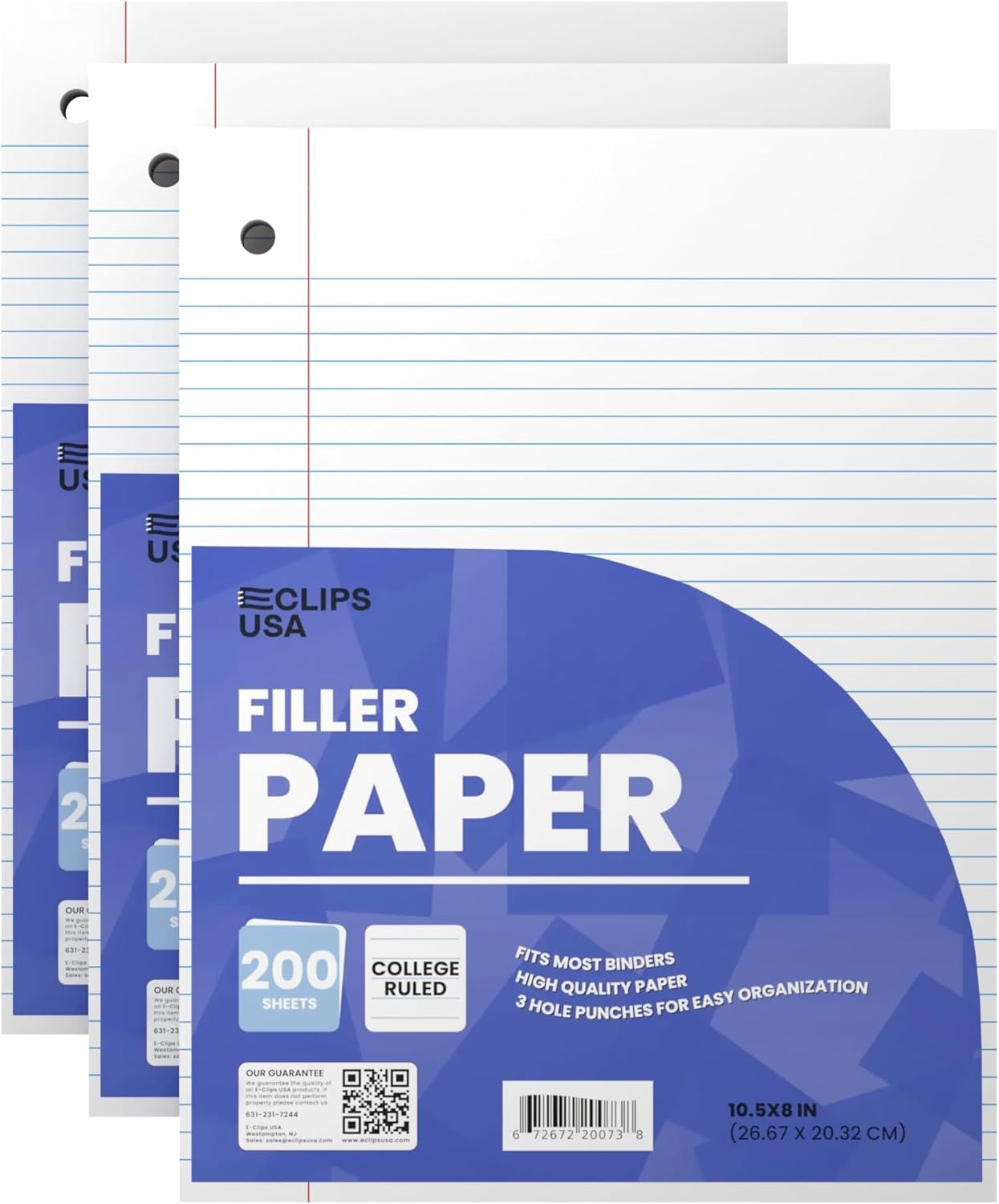 Notebook Paper, College Ruled Loose Leaf Paper (3 Pack), Filler Paper, 10.5” x 8”, Filler Paper, 200 Sheets Per Pack, 60 gsm (3 Pack)