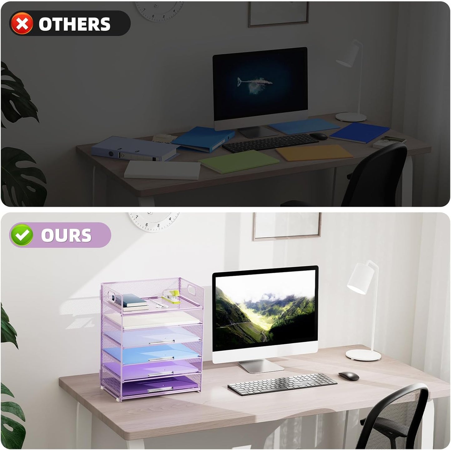 Marbrasse 2 Pack Desk Organizer with Handle, 6 Tier Paper Letter Tray, Mesh Desk File Organizer for Office, School and Home - Purple
