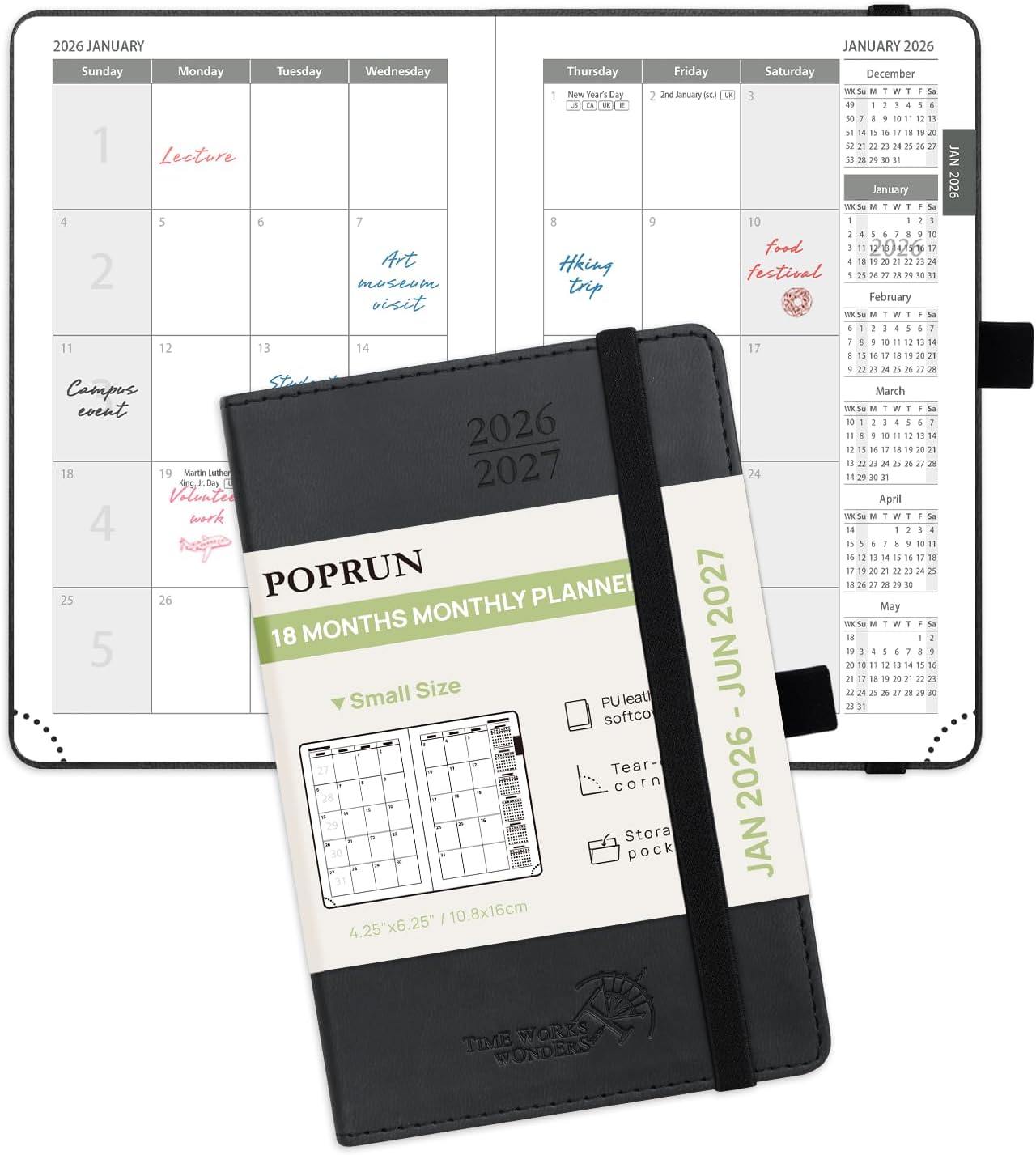 POPRUN Pocket Monthly Planner 2026-2027 (Pocket- 4''x 6.25'' Soft Leather Cover) - 18 Month Calendar Book for Purse (Jan.2026 - Jun. 2027), 100 GSM Thick Paper - Black