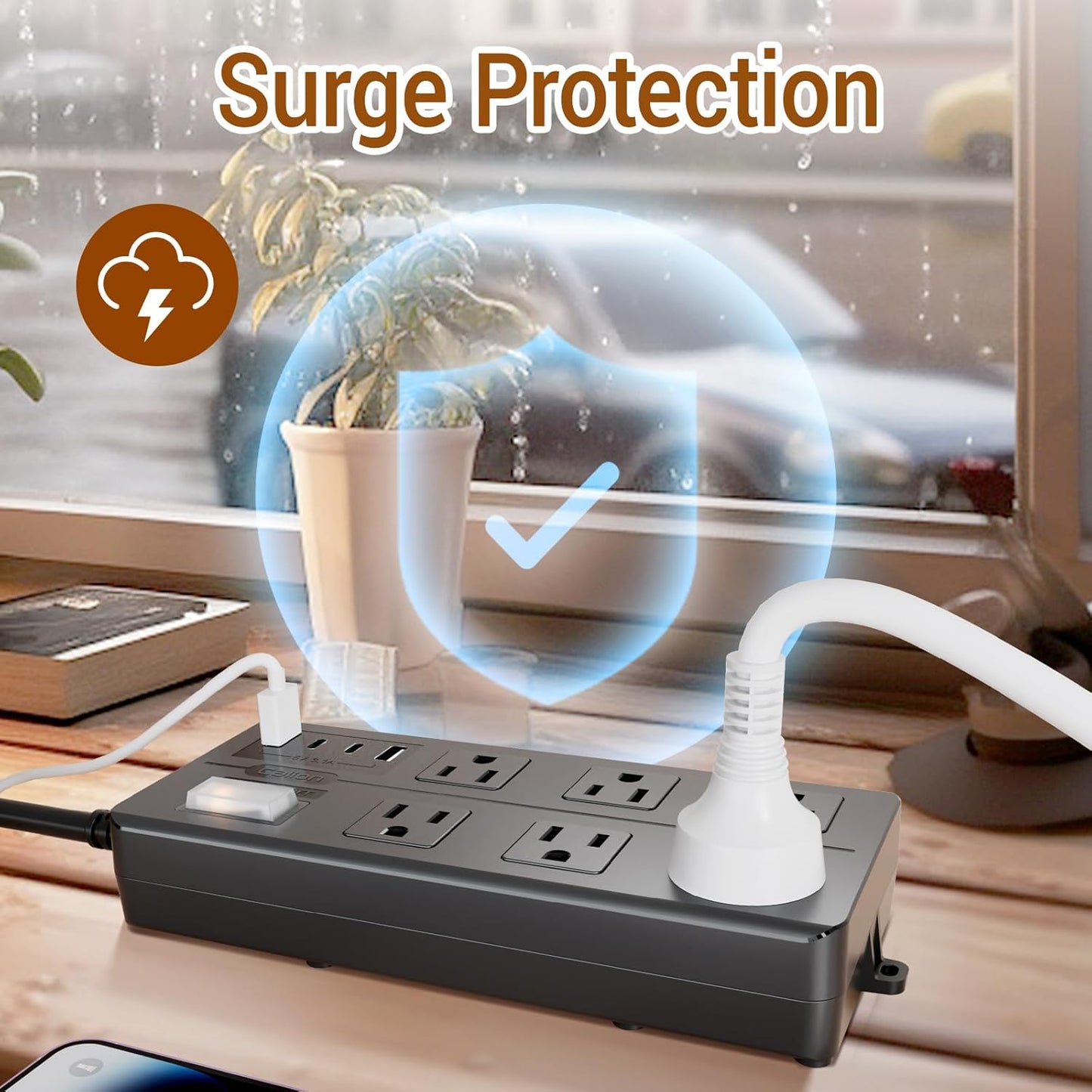 Outdoor Power Strip Weatherproof,Patio Waterproof Surge Protector with 4 USB Ports and 6 Outlets, 10 FT Extension Cord with Flat Plug,Shockproof Overload Protection,Mountable for Home Office Porch