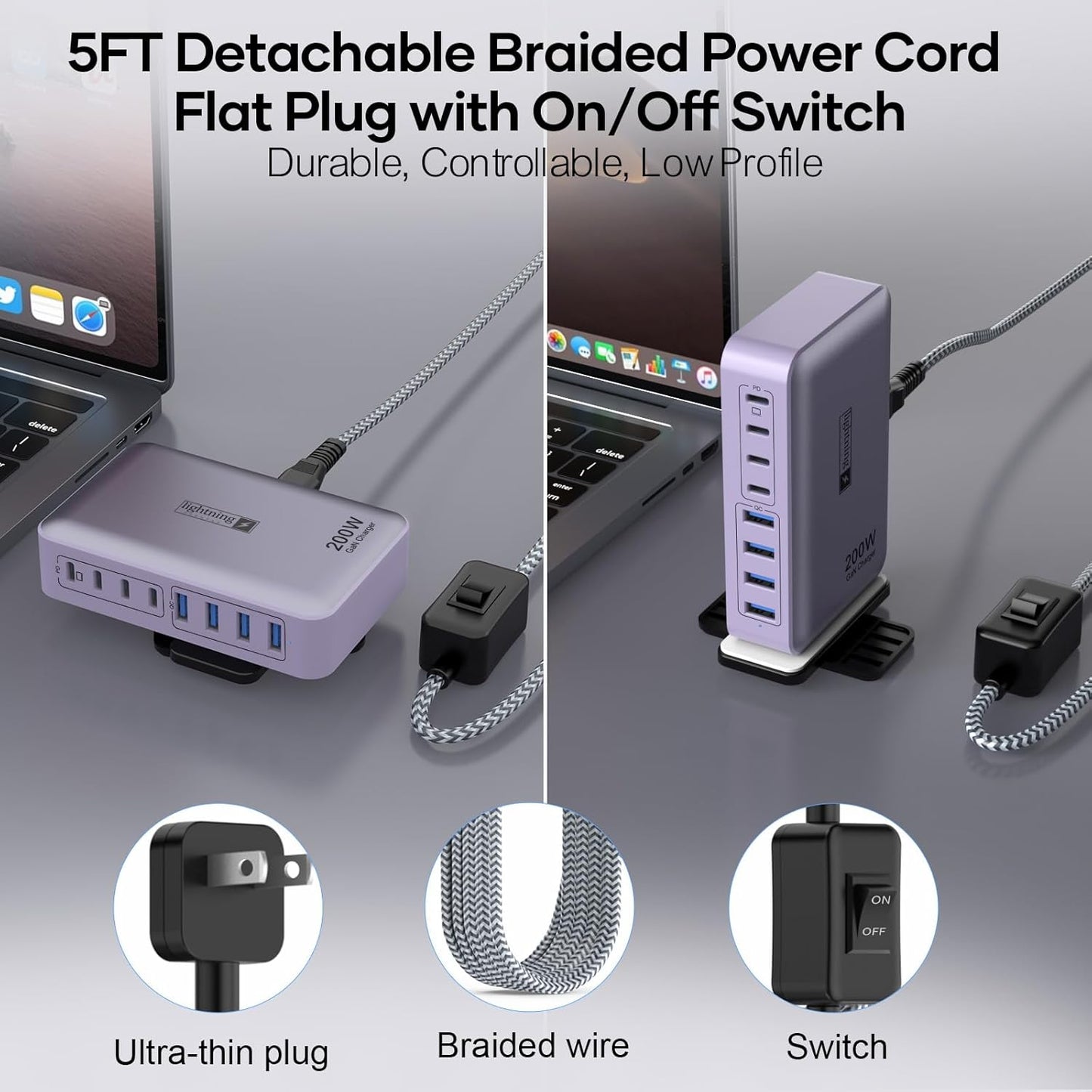 8-Port Type C Fast Charger Block 200W with Flat Plug, Braided Power Cord, and On/Off Switch- USB Charging Hub for iPhone, iPad, MacBook and More- 65W C Port Power Adapter for Laptops