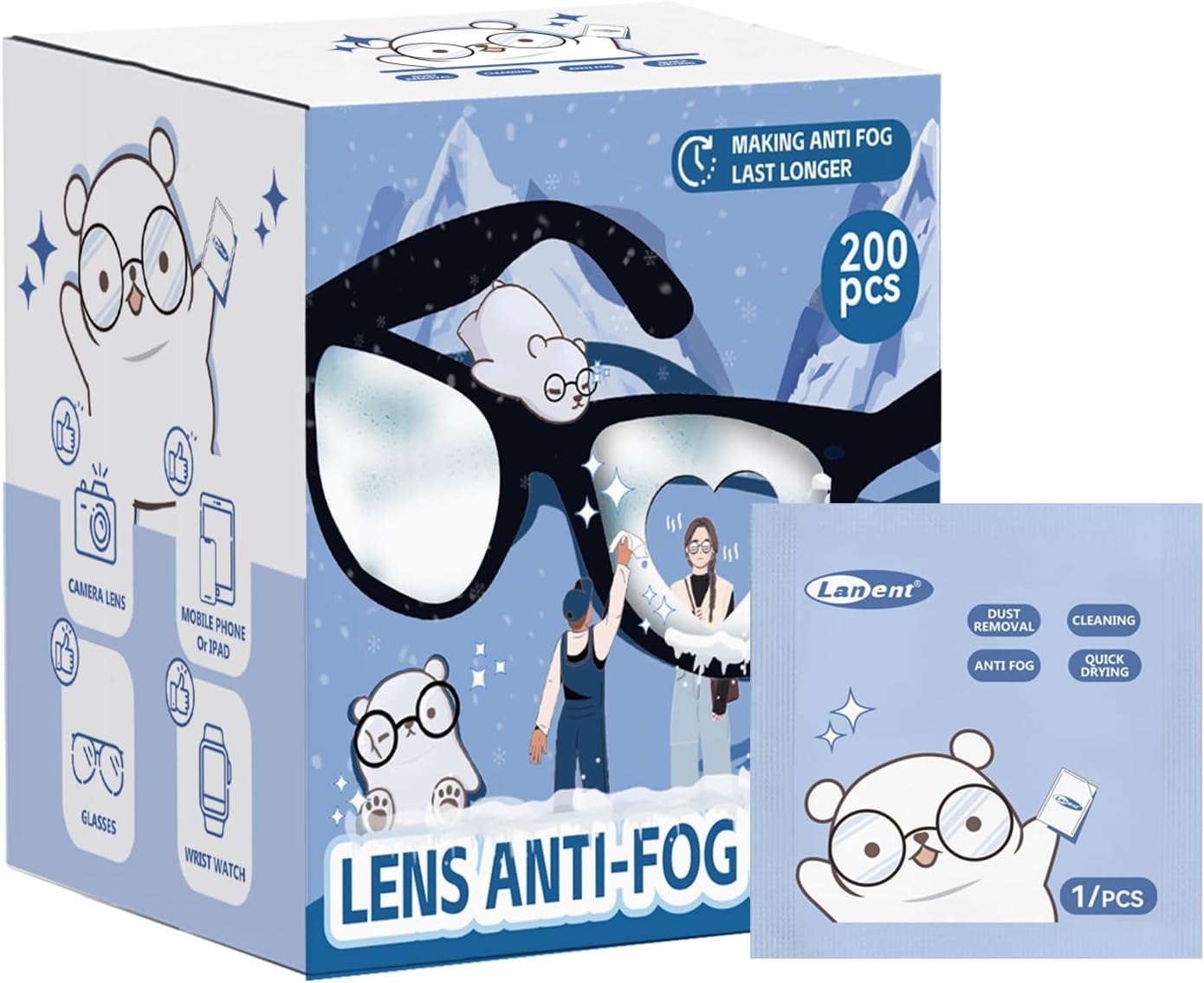 （200 PCS) Anti-Fog Lens Wipes Pre-Moistened Anti-Fog Wipes| Glasses Cleaner Safely Cleans Glasses, Sunglasses, Phone Screen, Electronics & Camera Lens