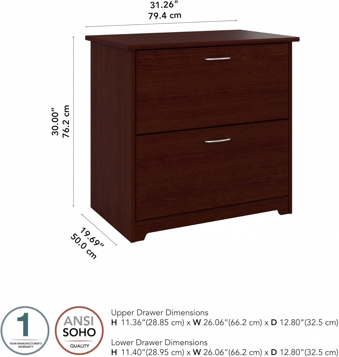 Bush Furniture Cabot 2 Drawer Lateral File Cabinet in Harvest Cherry, Home Office Chest for Letter, Legal, and A4-size Document Storage