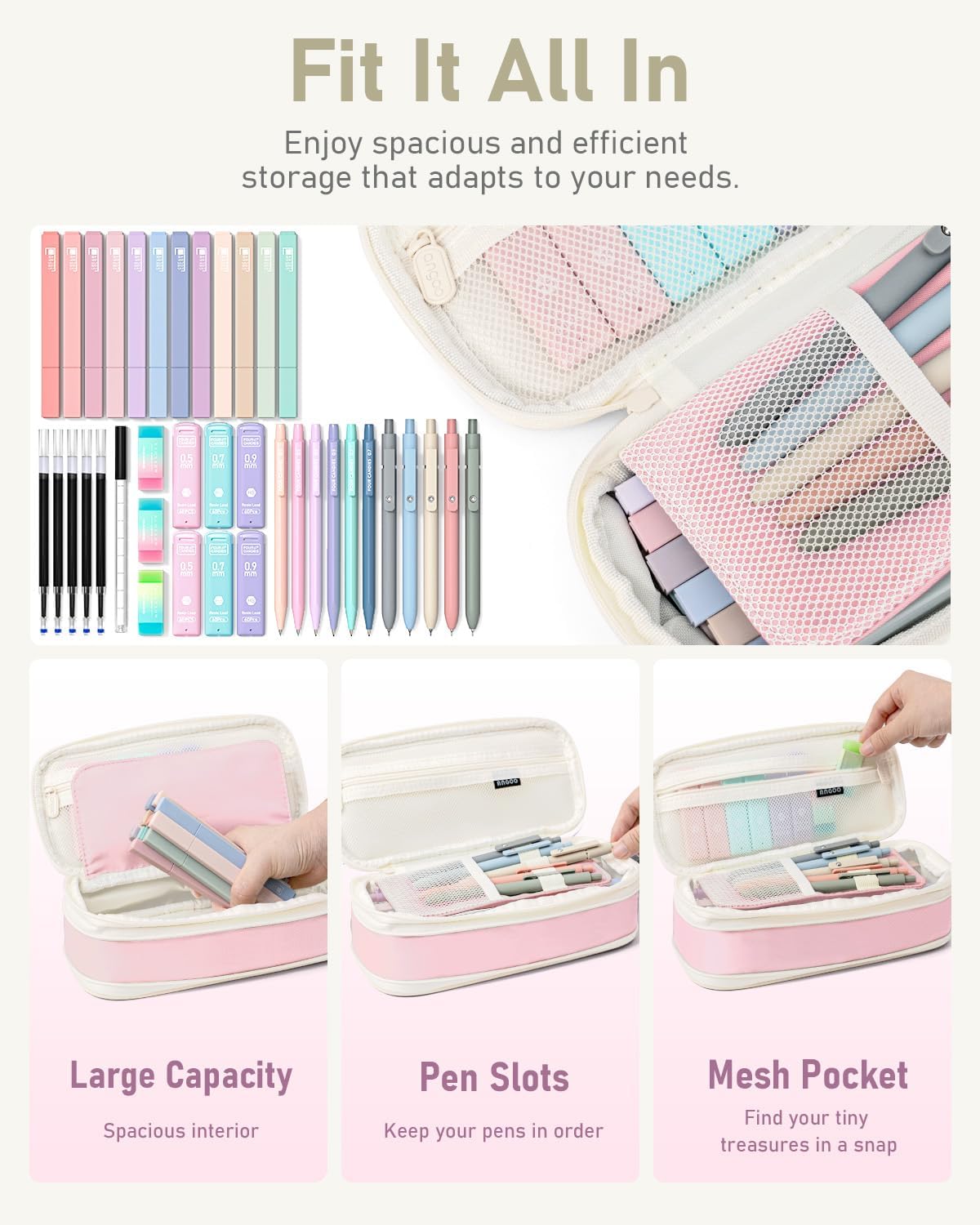 Four Candies 39 PCS Aesthetic School Supplies with Cute Pen Case, 12 Pastel Highlighters, 5 Black Ink Gel Pens, 6 Mechanical Pencils Set 0.5 & 0.7 mm for Students Stationary College Essentials (Pink)