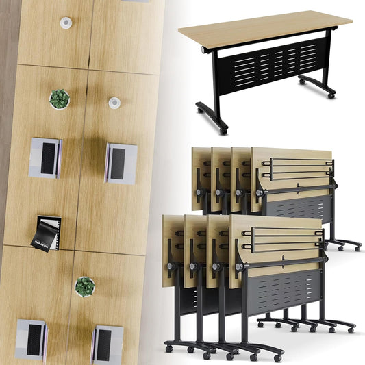 Folding Conference Room Table, Modern Conference Tables with Wheels, Large Rectangular Mobile Training Tables for Office Classroom, Foldable Modular Boardroom Seminar Table Maple (8pack L63in)