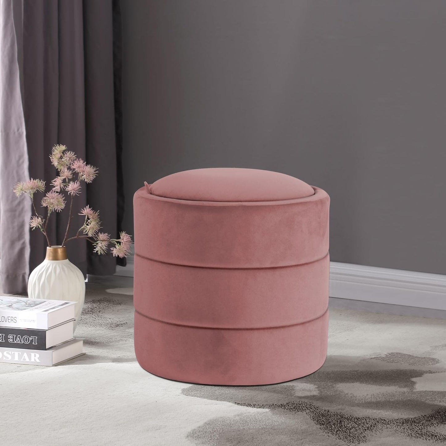 HomePop Storage Round Ottomanwith Removable Lid Home Décor|Upholstered Round Velvet Foot Rest Ottoman - Blush Pink Velvet