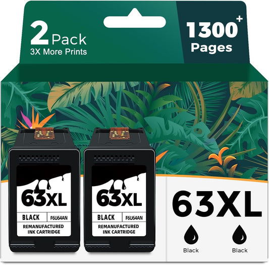 63XL Black Ink Cartridge Replacement for HP 63 HP63 XL 63XL BK Ink for 3830 4650 4652 4655 5200 5252 5255 5258 4520 4512 1112 2132 3630 3632 3631 2130 4510 4654 Printer 2-Pack High Yield Cartridge