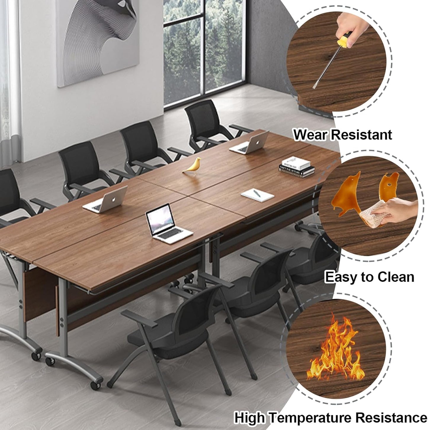 Folding Conference Table, Modern Large Conference Room Tables with Flip-Top Design, Foldable Conference Table Meeting Table with Wheels, Mobile Seminar Training Tables for Office Classroom (4, Walnut)