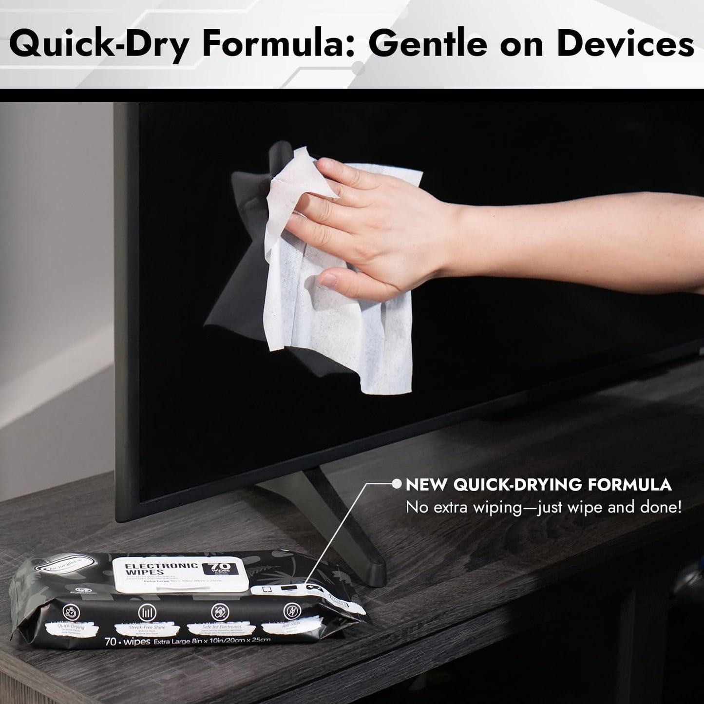 Air Jungles Electronic Screen Cleaning Wipes 70 Count, Quick Dry, Extra Large 8"x10" Cleaner Wipes for TVs, Monitors, Tablets, Phones, Laptops, Keyboards, Computer, Glasses