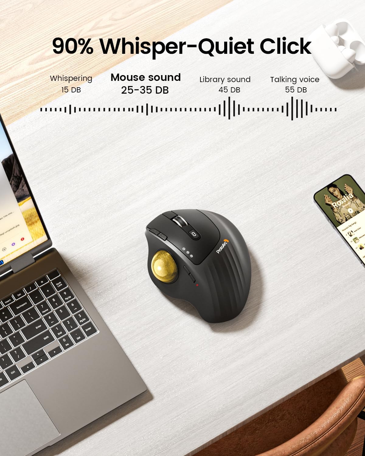 ProtoArc Wireless Trackball Mouse, EM01 NL Ergonomic Bluetooth Rollerball Thumb Rechargeable Computer Laptop Mouse, Adjustable Angle & 3 Device Connection for PC, Mac, Windows-Gold Ball