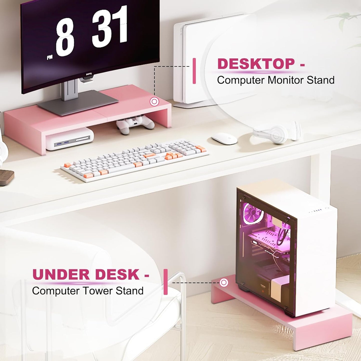 TEAMIX Pink Monitor Riser-20L inch, Wood Monitor Stand for Desk, Sturdy TV/Screen/PC/Printer/Laptop Riser,Computer Shelf with Storage TV Holder for Home Office (Pink, 20 inch)
