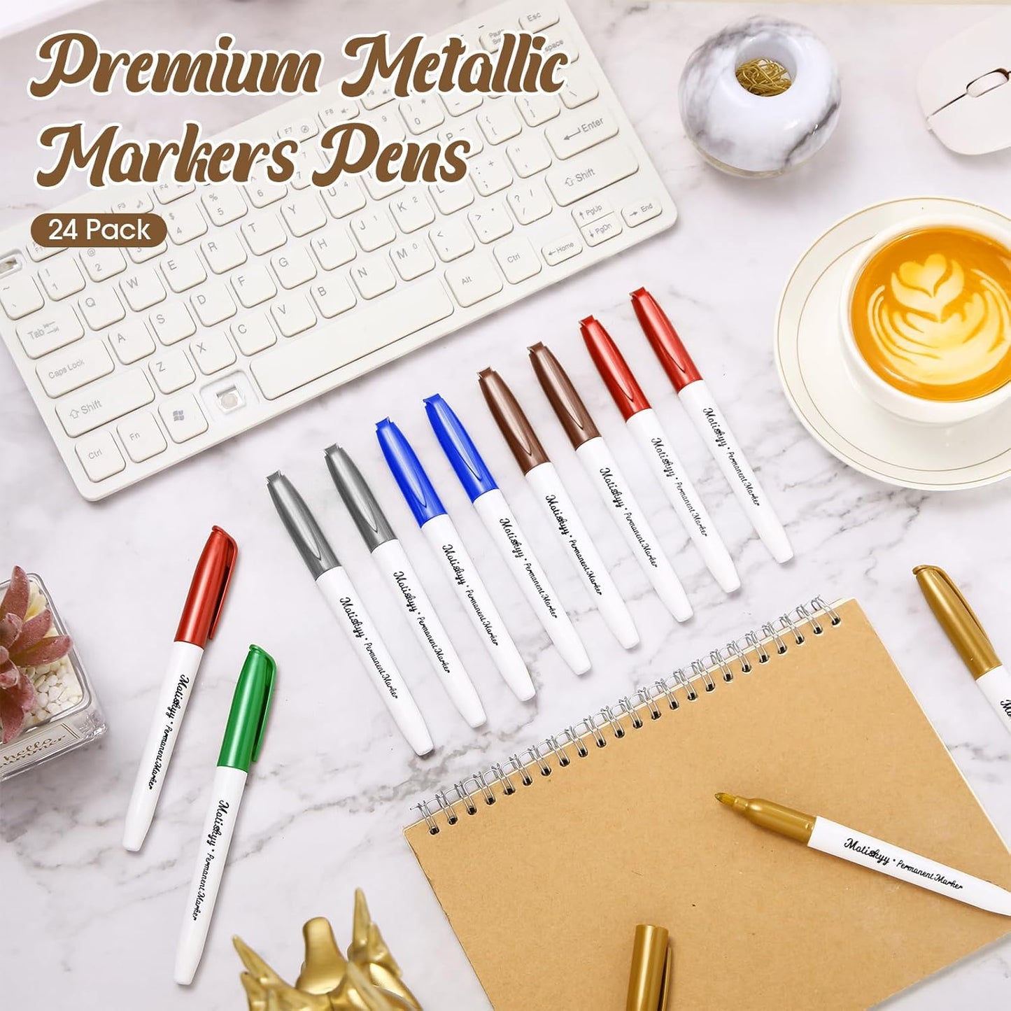 24 Pcs Metallic Permanent Markers Bulk Gold Fine Point Metallic Paint Markers for DIY Crafts, Gift Card Making, Artist Illustration(Multicolor)