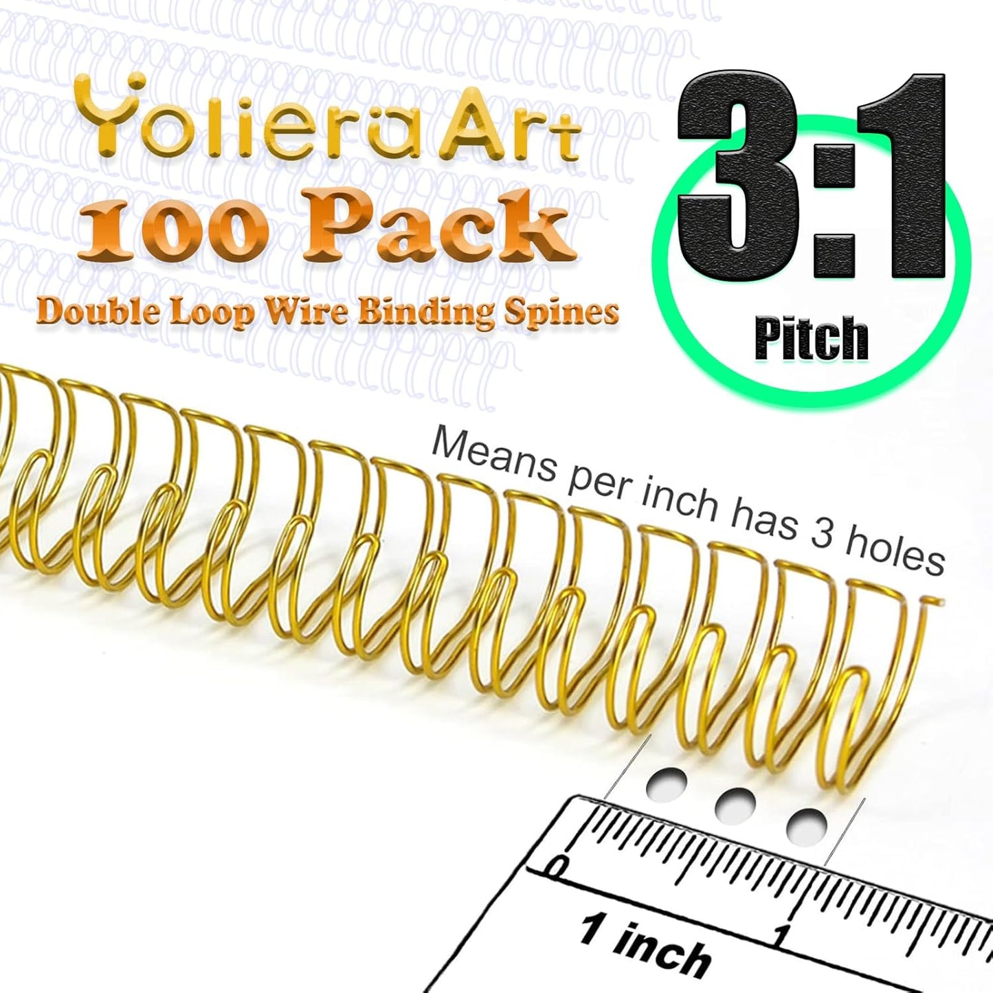 3:1 Pitch Double Loop Binding Wires, YolieraArt 100 Pack Spiral Spine Bindings, 9/16 Inch Wire Twin Binding for Book Binder Machine,Students and Coworkers (120 Sheet Capacity, 100P, Gold)