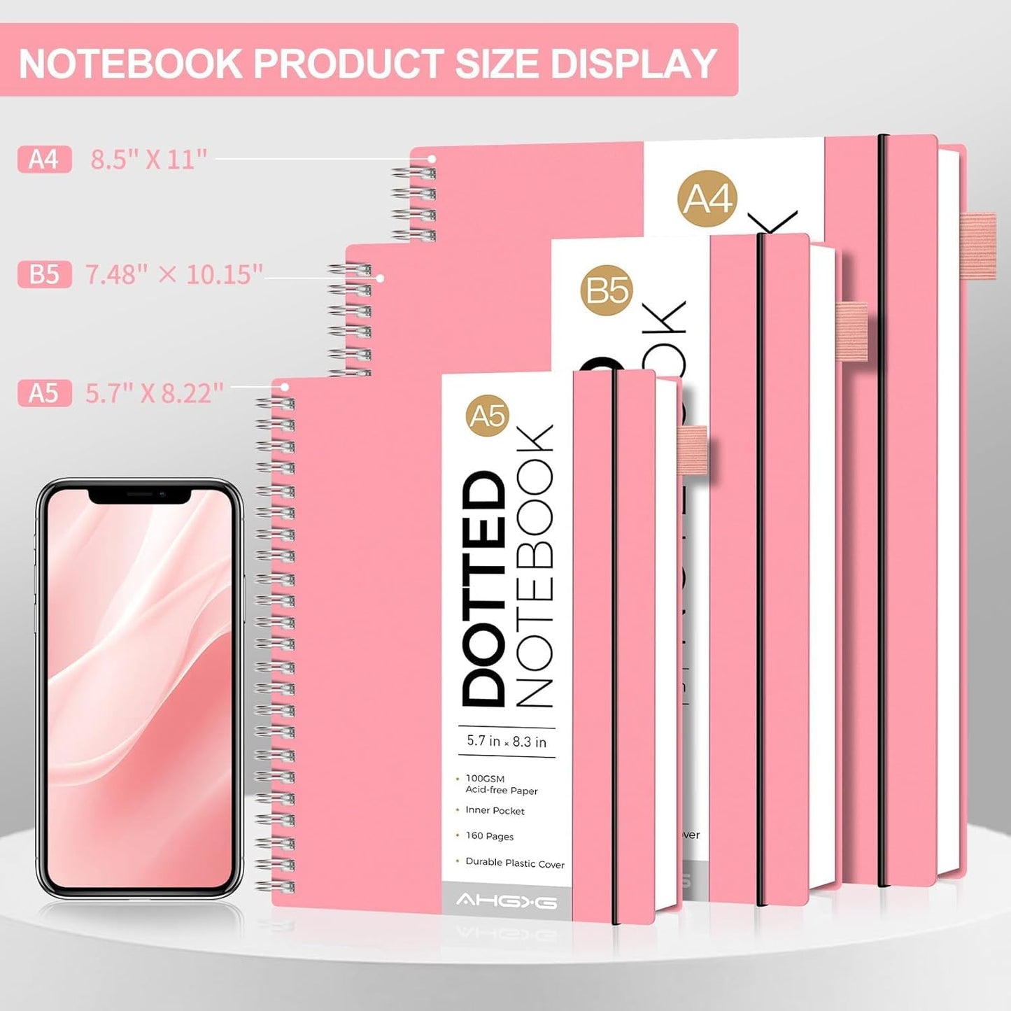 AHGXG Bullet Dotted Journal - Dot Grid Spiral Notebook 8.5" x 11", A4 Large Dotted Notebook, 100 GSM Thick Paper, Waterproof Plastic Cover Journals for Bullet Journaling, Sketching, Pink