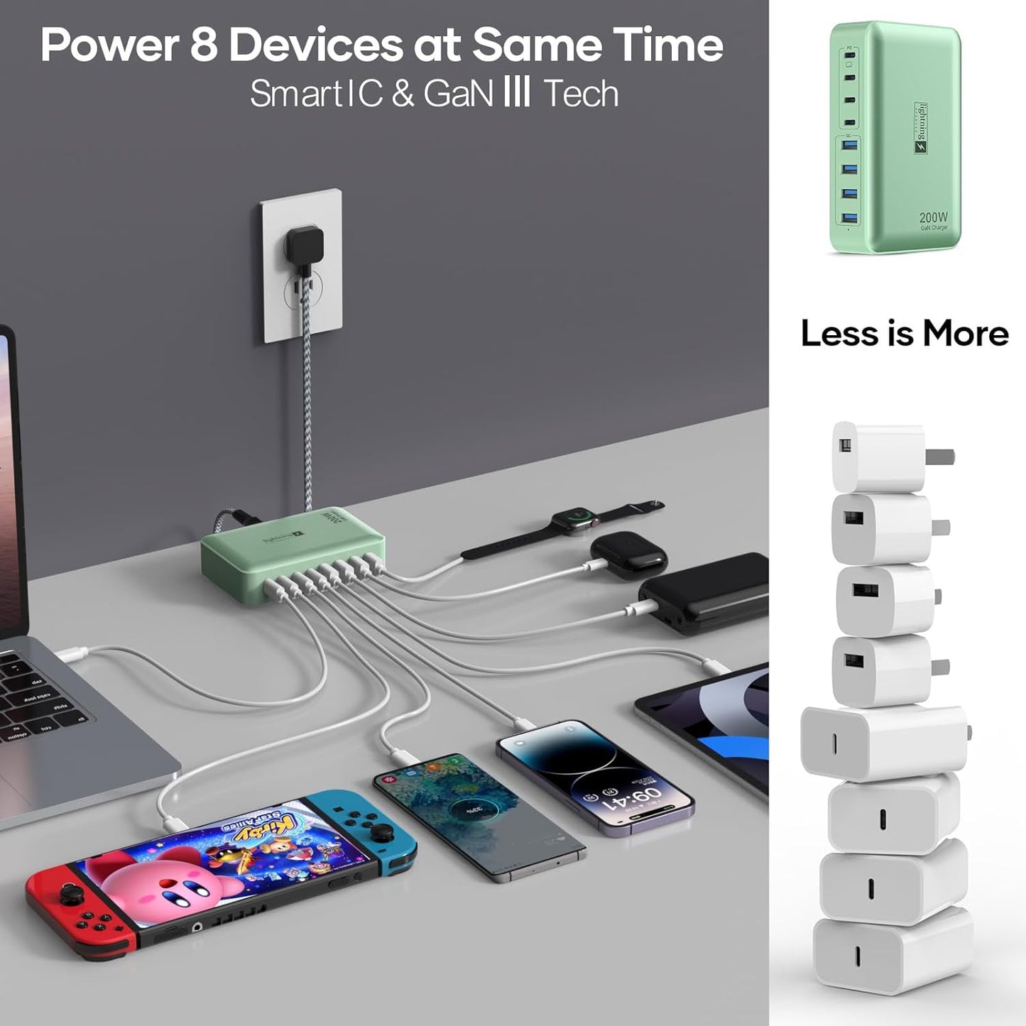 8-Port Multiple Charger Station 200W with Flat Plug, Braided Power Cord, and On/Off Switch- USB Charging Hub for iPhone, iPad, MacBook and More- 65W C Port Power Adapter for Laptops