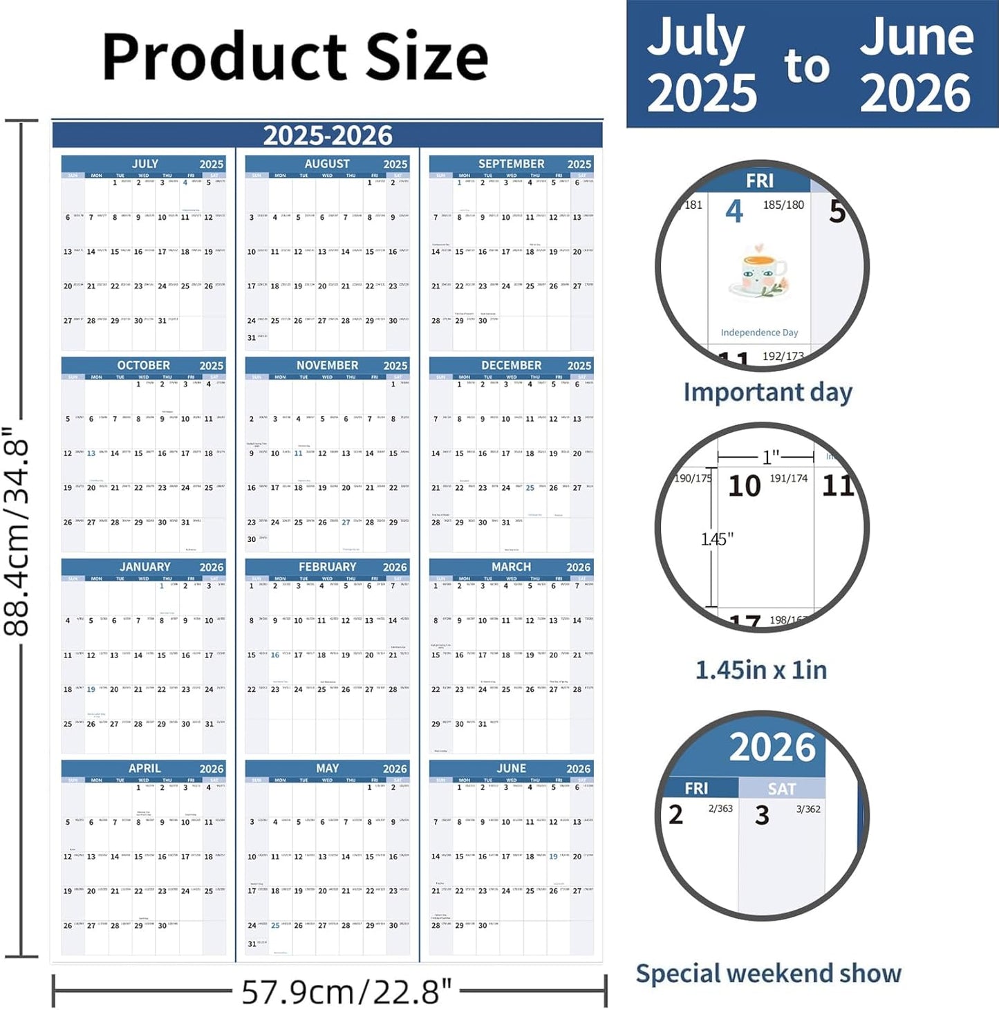 2025-2026 Wall Calendar 34.8" x 22.8" Large Vertical Yearly Wall Hanging Calenda with Julian Date from July 2025 to June 2026 Thick Paper Calendar 12 Month Annual Planner for Office Fridge(Grayish Blue)