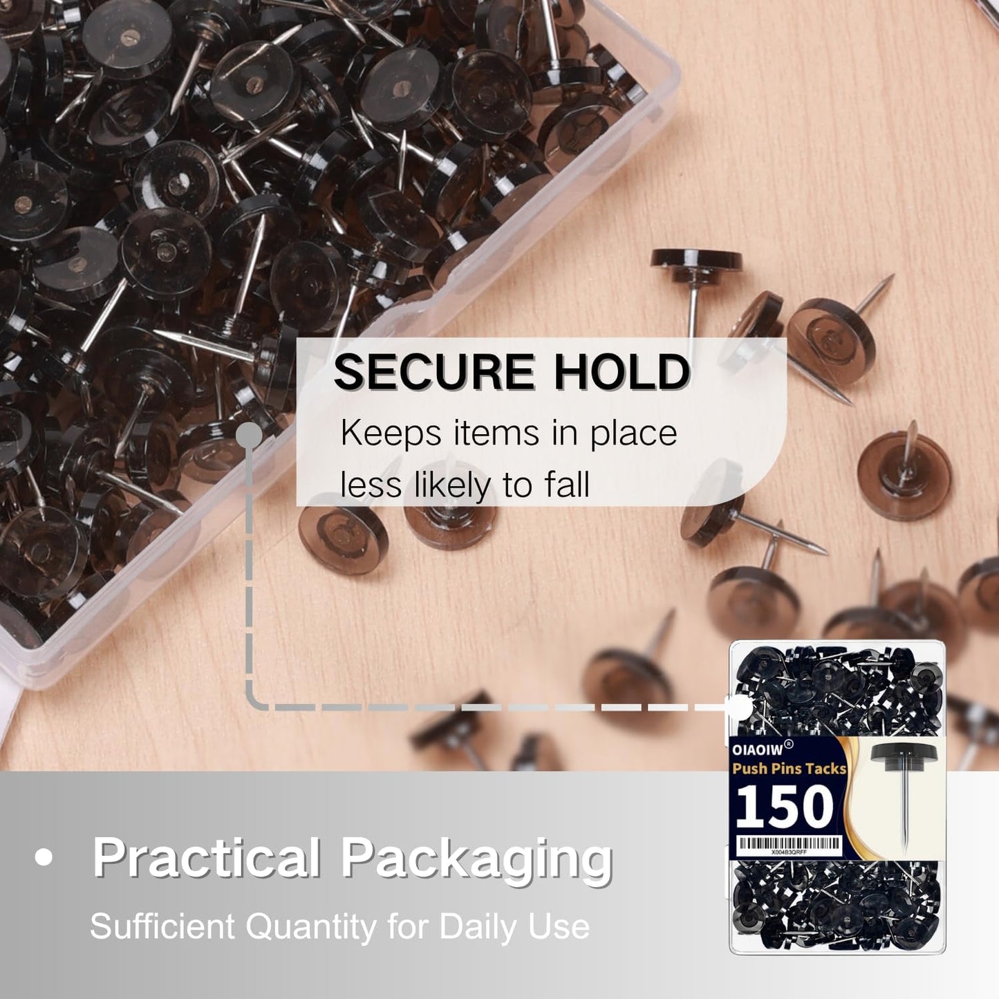 150 PCS Flat Black Push Pins for Wall Clear Thumb Tacks for Walls Flat thumbtacks Push pin for Bulletin Board Shadow Box Display Thumbtack for Cork Board