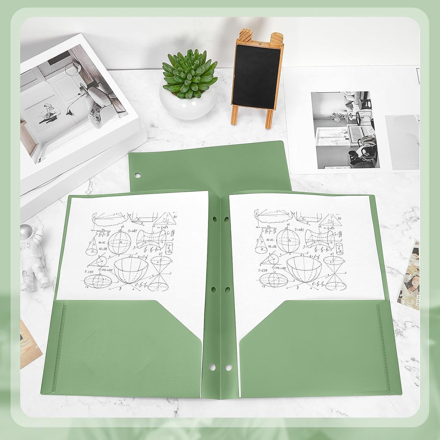 Yeaqee 50 Pcs Plastic Folders with Pockets Bulk 3 Hole Punched 2 Pocket File Folders for 3 Ring Binder Divider Folder for Notebooks, Durable Poly for Office Home (Sage Green)