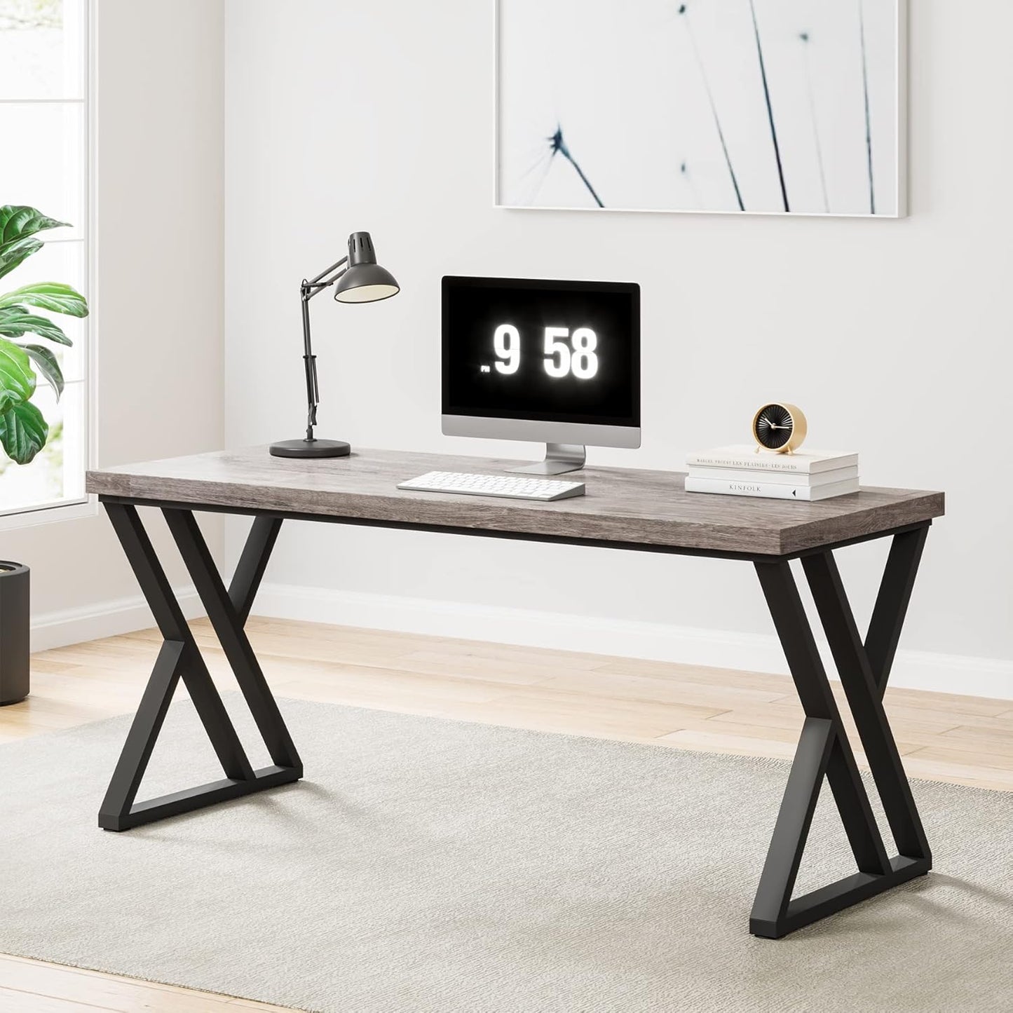 Tribesigns Writing Computer Desk, 55 inch Heavy Duty Study Desk with Z-Shaped Metal Leg, Modern Simple Home Office Computer Desk, Grey