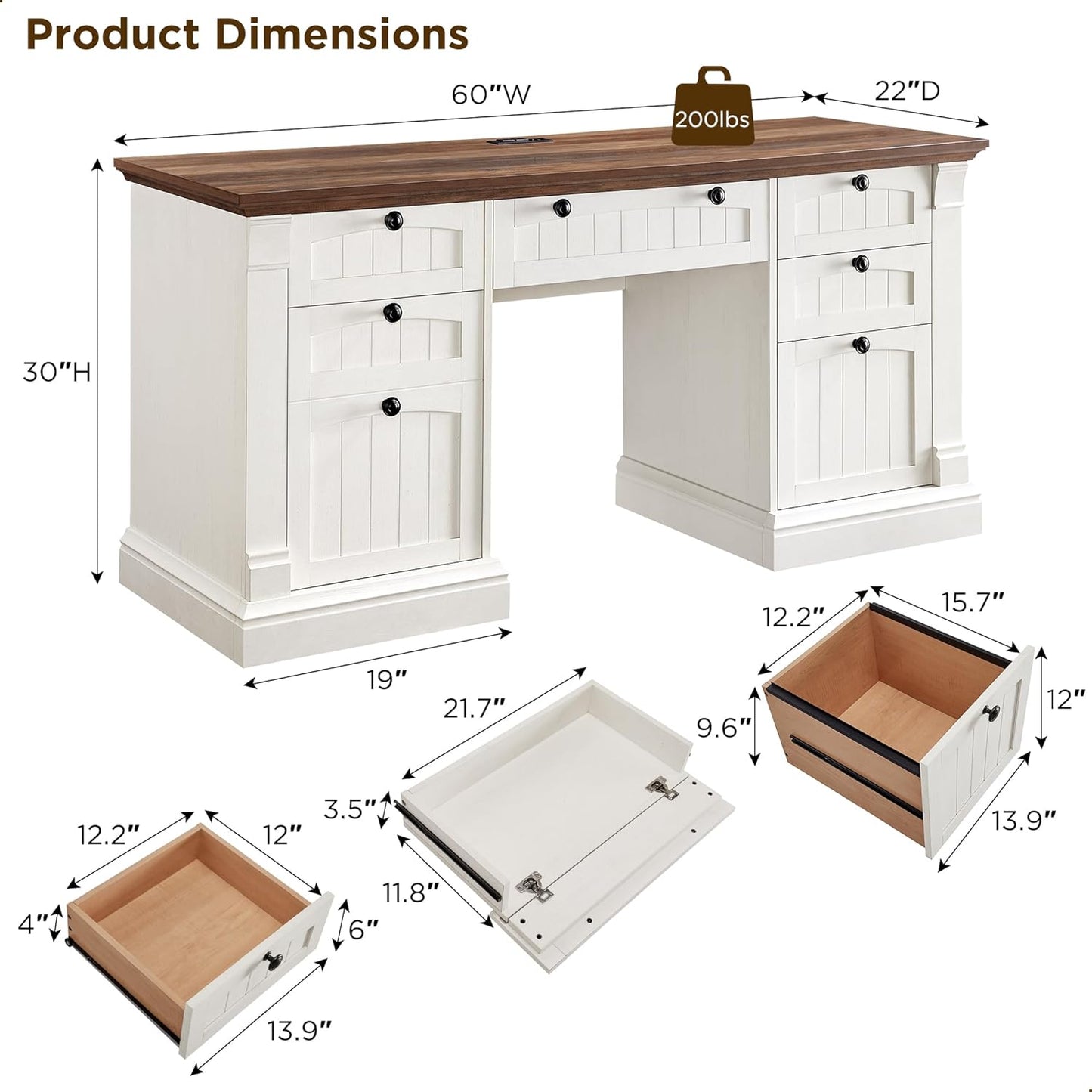 OKD 60" Executive Desk with Drawers, Farmhouse Home Office Desk with Charging Station, Keyboard Tray, File Cabinet Storage, Wood Computer Desk for Work and Study, Antique White