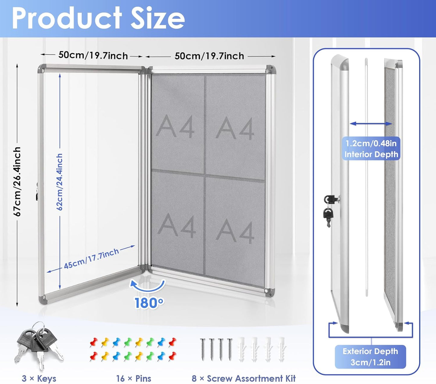 SWANCROWN Fabric Bulletin Board Enclosed Wall-Mounted Display Case for Office Classroom Home,26x20inch(4xA4)
