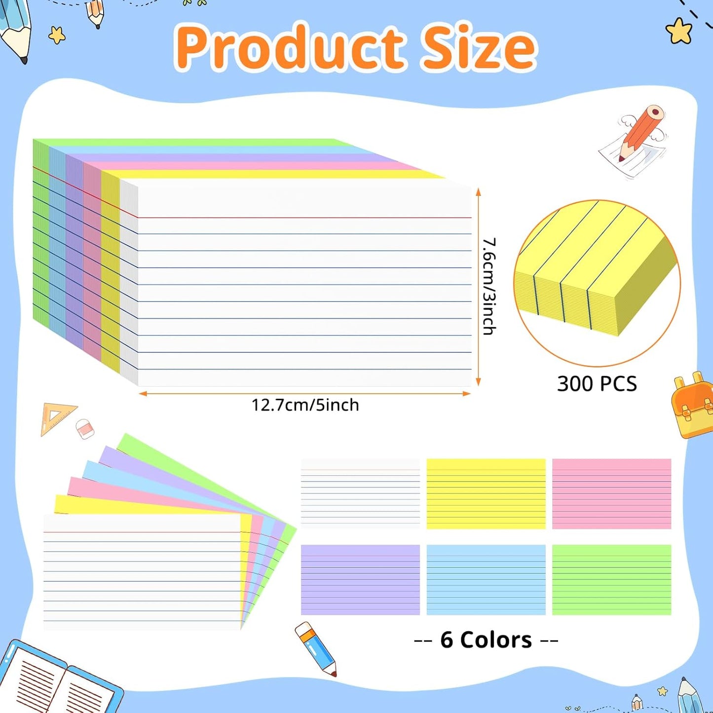 Colored Index Cards 3 X 5, 300 Count, Flash Cards For Studying, Lined Flashcards Notecards, Study Card, Ruled Front And Blank Back, Heavy Note Cards For Office, Home And School
