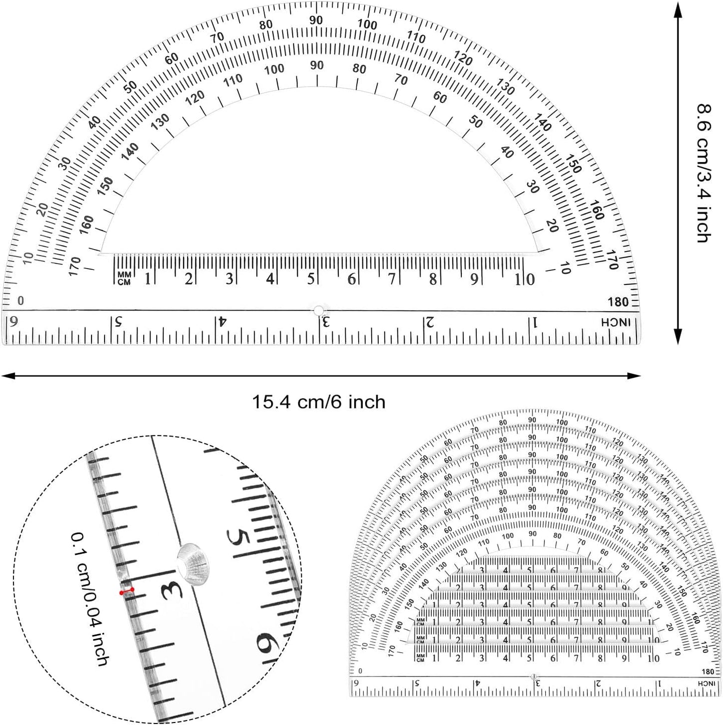 Zonon 200 Pieces Plastic Protractors Bulk Classroom Clear Math Protractors 180 Degrees 6 Inch for Geometry Student, Angle Measurement, Students Back to School Supplies Office Supplies