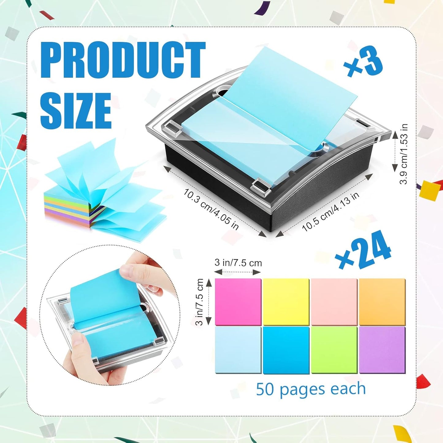 Meanplan 3 Pack Pop up Sticky Dispenser Note Holder Black Base with 24 Pads Colored Pop up Sticky Notes Memo Pads Self Stick 3x3 Refills Back to School Office Desk Supplies, 50 Sheet Per Pad