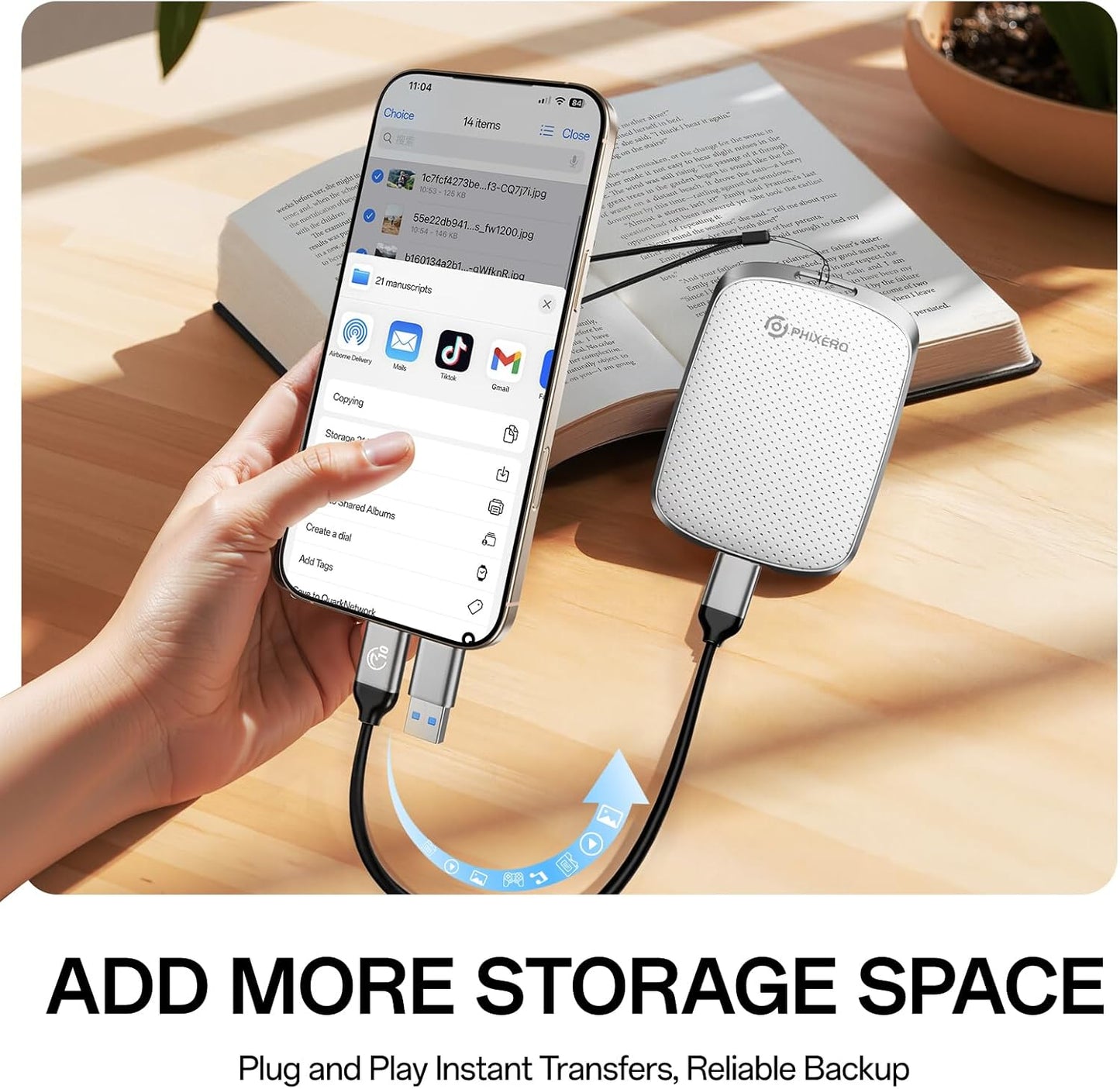 PHIXERO P5PLUS Portable SSD 1TB Up to 550MB/s, USB 3.2 Gen 2 External Solid State Drive，USB C to C&A for Smartphone，Tablet，PC，Labtop (White)