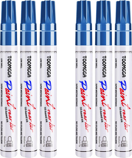 Permanent Paint Pens Blue Paint Markers 6 Pack Oil Based Markers, Quick Drying and Waterproof Marker Pen, Car Tire, Metal, Rock Painting, Wood, Plastic, Canvas, Craft Supplies for Adults