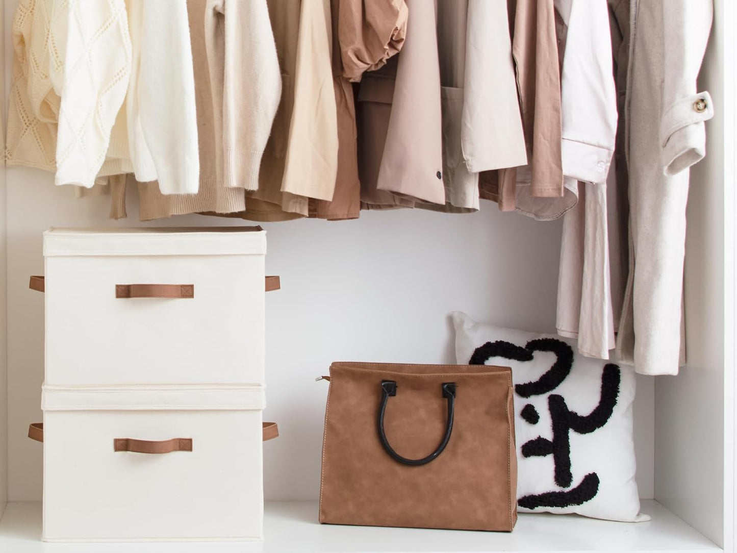 StorageWorks Fabric Storage Bins with Lid, Decorative Storage Boxes for Shelves, Stackable Closet Organizer Basket with Handles, Jumbo, Ivory White, 2-Pack