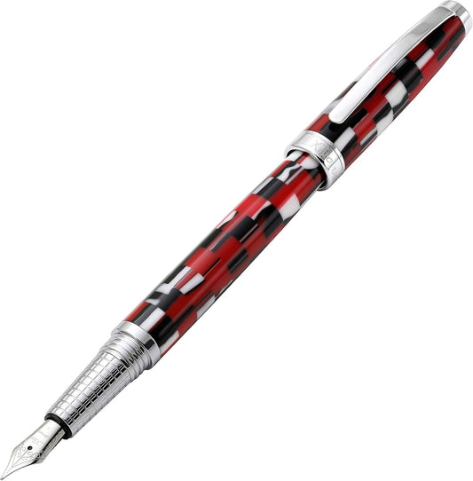 Xezo Urbanite II Fountain Pen, Fine Nib. Sporty Red, Black, and White Checkered Acrylic on Brass. Chrome Plated. Handcrafted, Limited Edition, Serialized