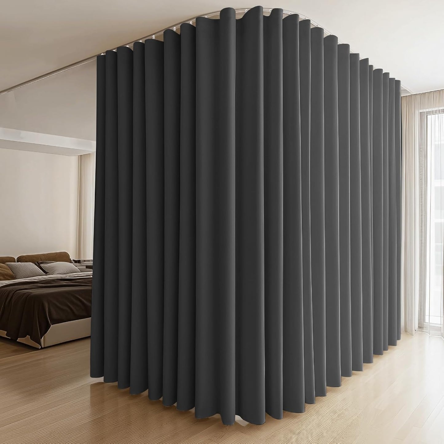 Room Divider Curtains & Flexible Bendable Tracks Set,Privacy Dividers Ceiling Track Curtain Window Blackout Curtains for Living Room Bedroom (W10 × H7 FT 1 Panel Black Drape & White Rail)