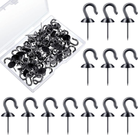 Hotop 30 Pieces Push Pin Wall Hooks Metal Thumb Tack Hangers Iron Alloy Nail Decorative Picture Hooks for 20 Lbs Home Office School Party Supply (Black)