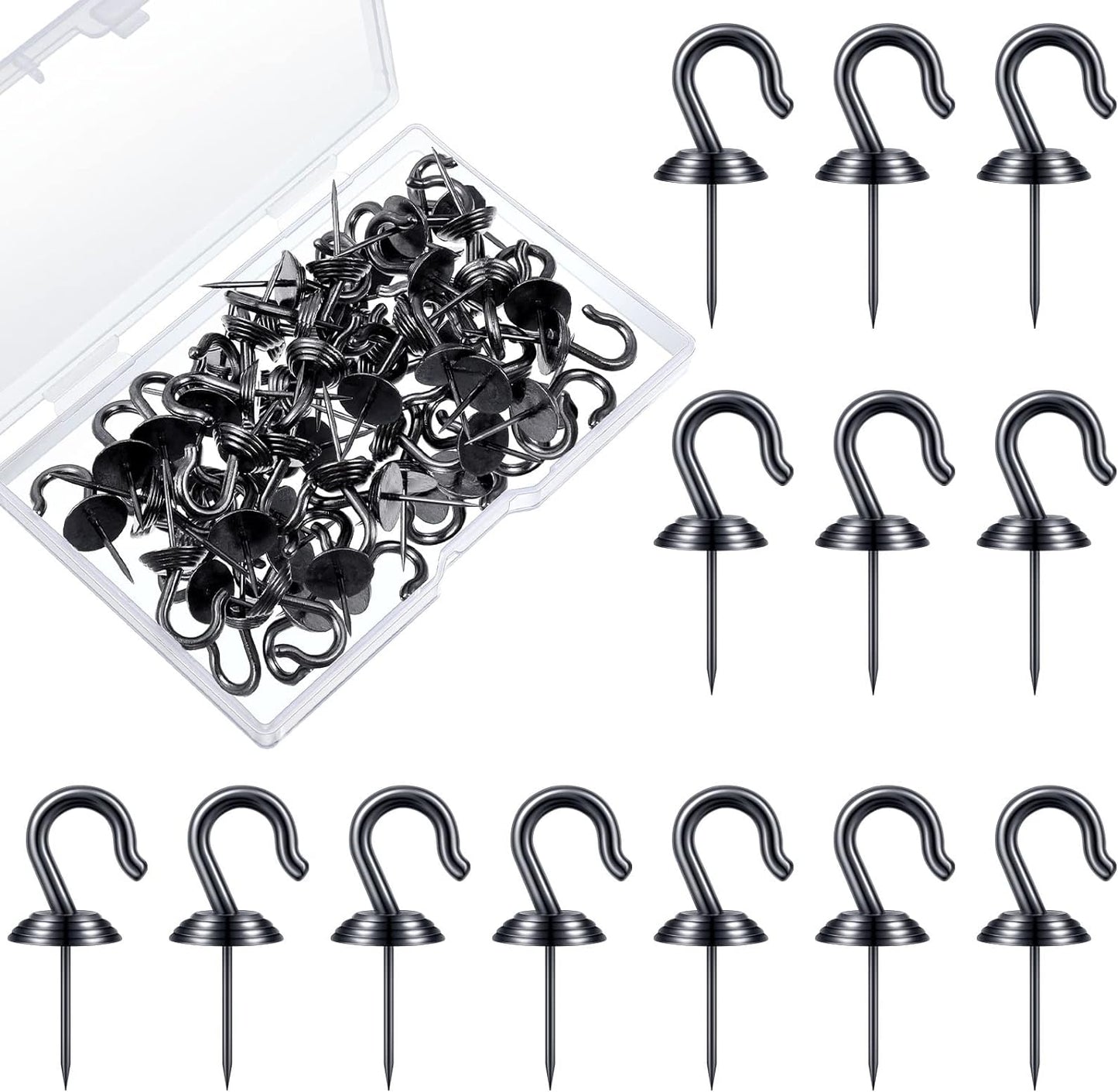 Hotop 60 Pieces Push Pin Wall Hooks Metal Thumb Tack Hangers Iron Alloy Nail Decorative Picture Hooks for 20 Lbs Home Office School Party Supply (Black)